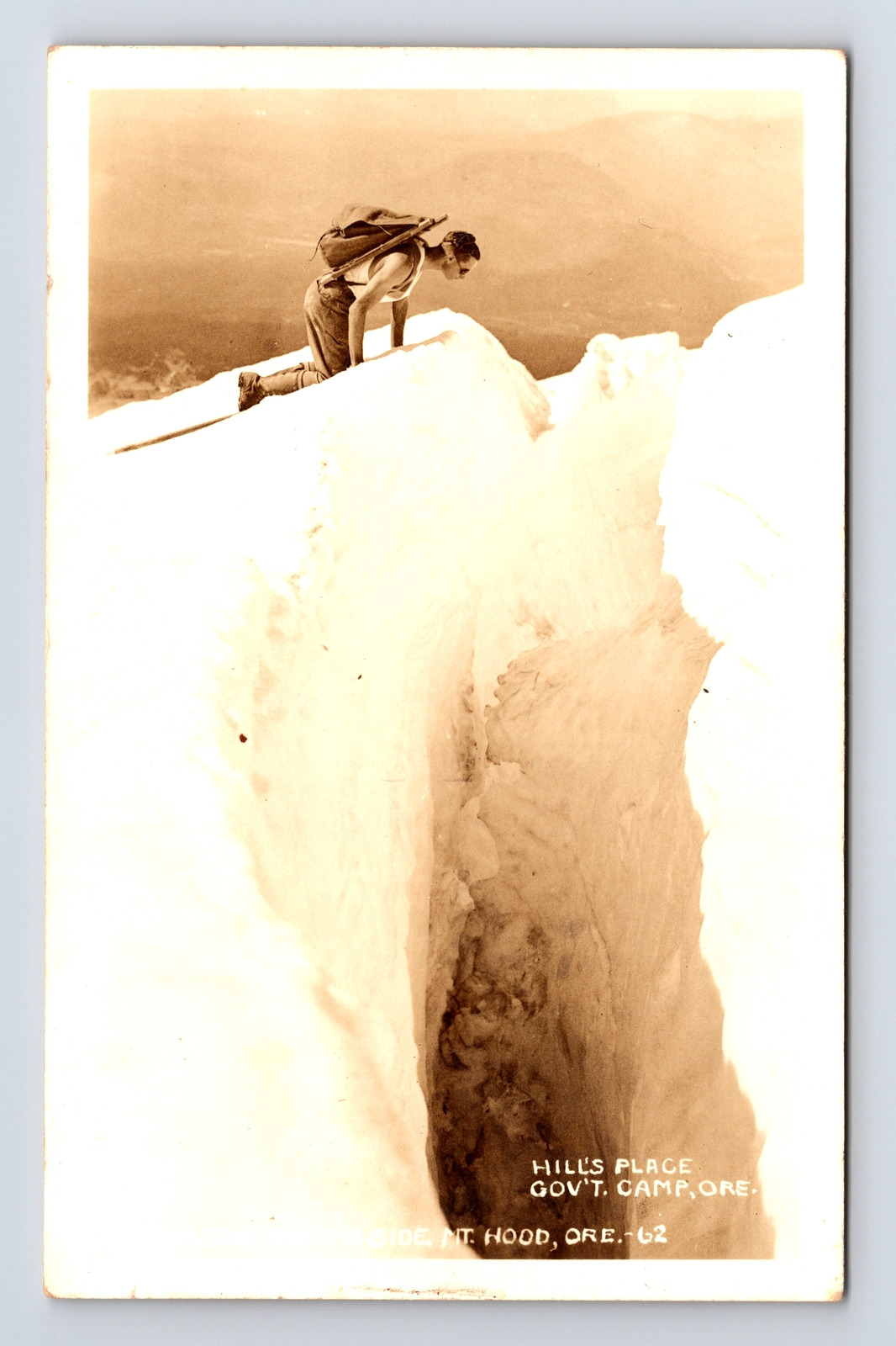 RPPC Hiker Peers Into Snowy Chasm Government Camp Mt. Hood Oregon OR Postcard