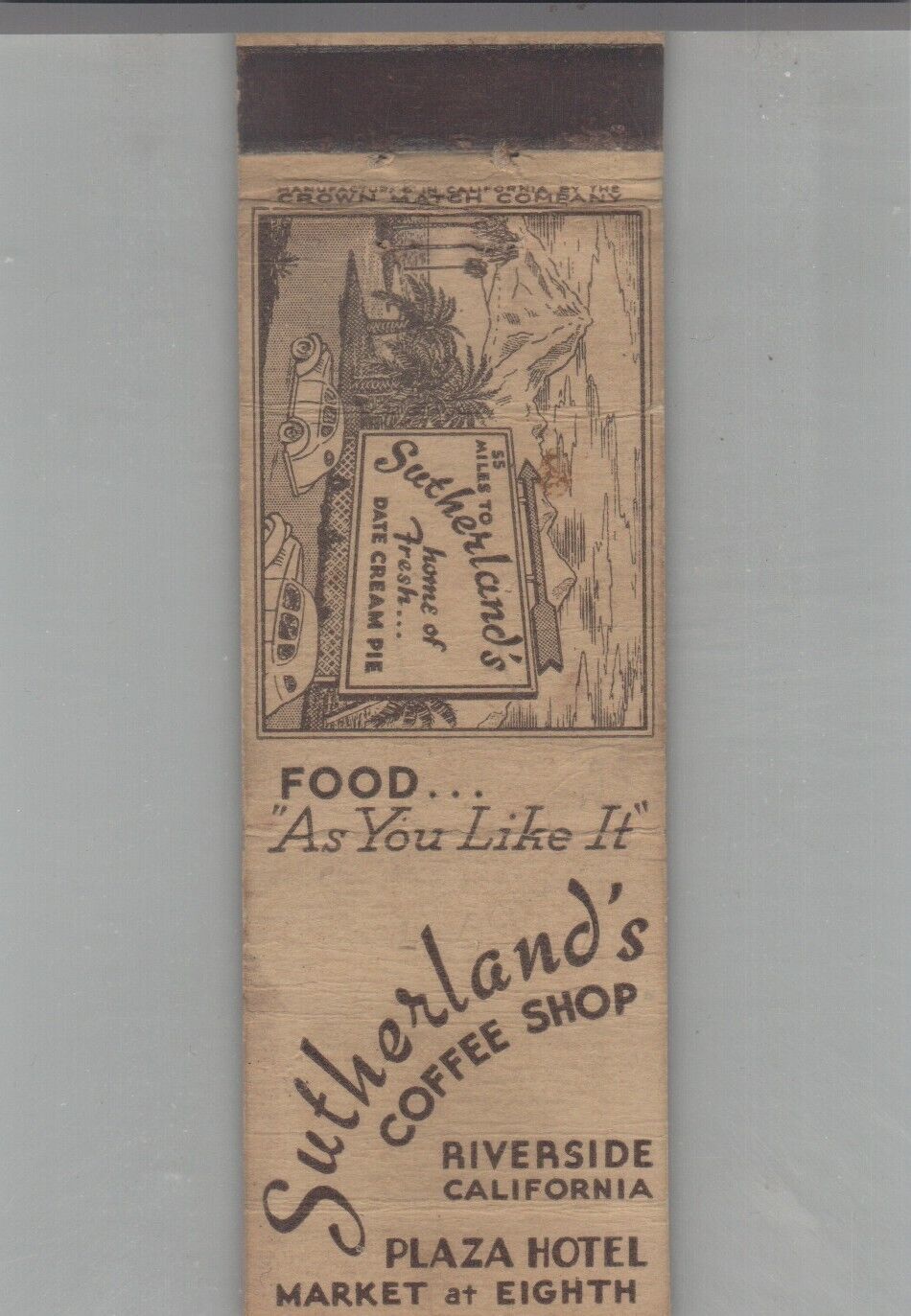 1930s Matchbook Cover Crown Match Co Sutherland's Coffee Shop Riverside, CA