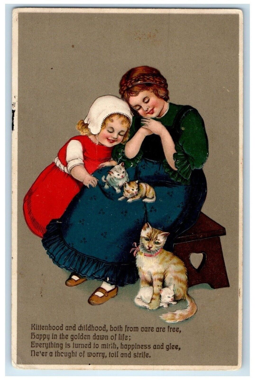 c1910\'s Girls With Cute Cat Kittens On Her Lap Embossed Trade Lake WI Postcard