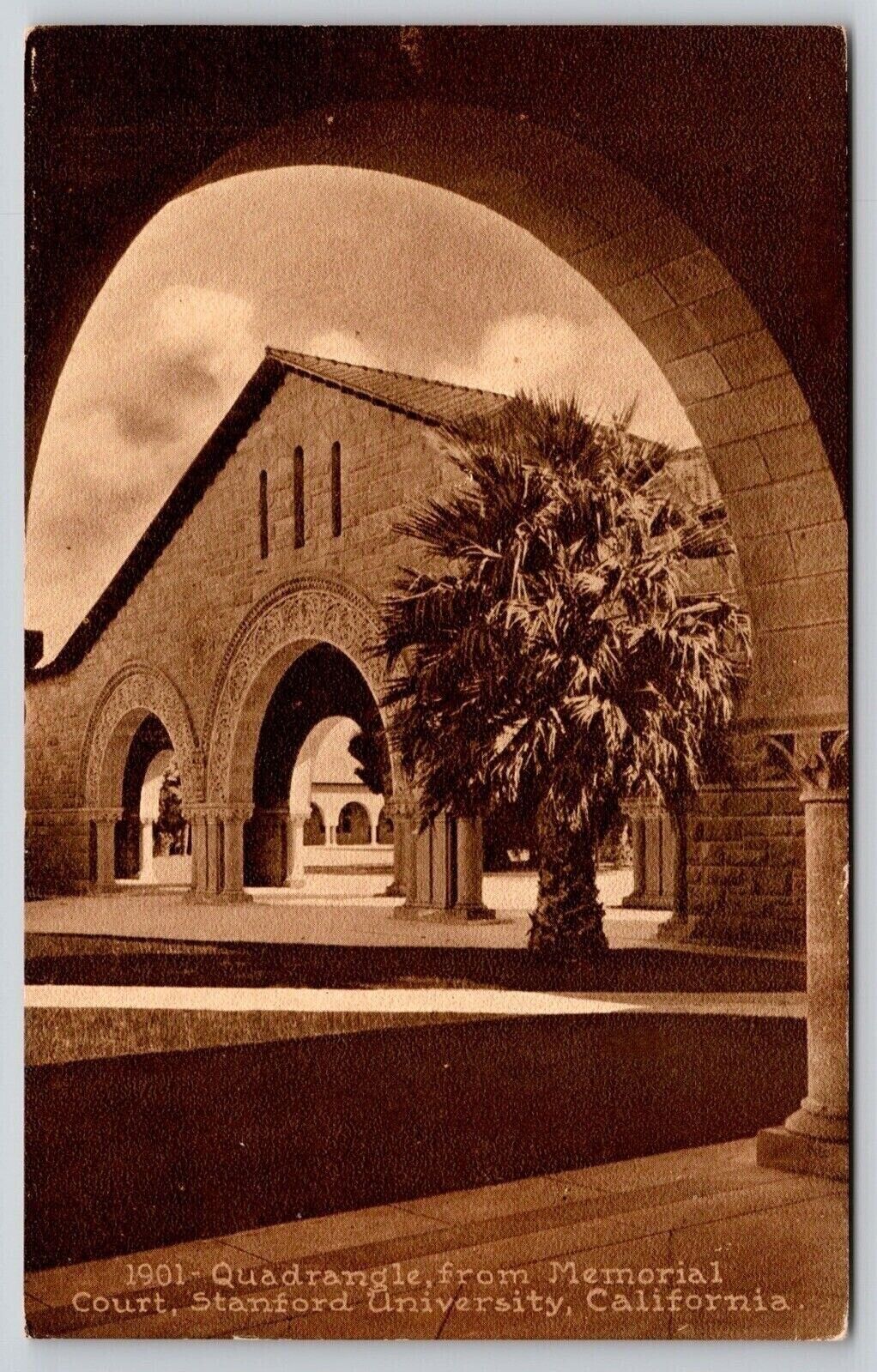 Stanford University California Quadrangle Memorial Court Sepia BW Postcard