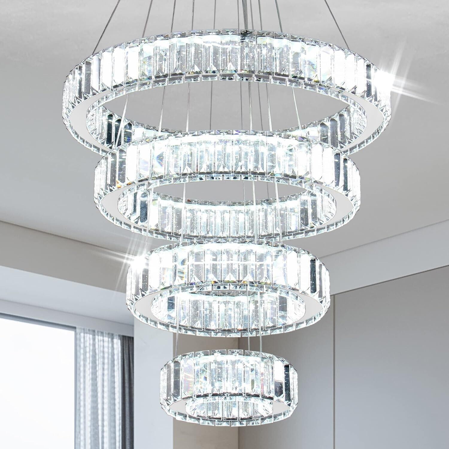 Contemporary LED Pendant Light with Crystal Rings, Ideal for Dining Room,