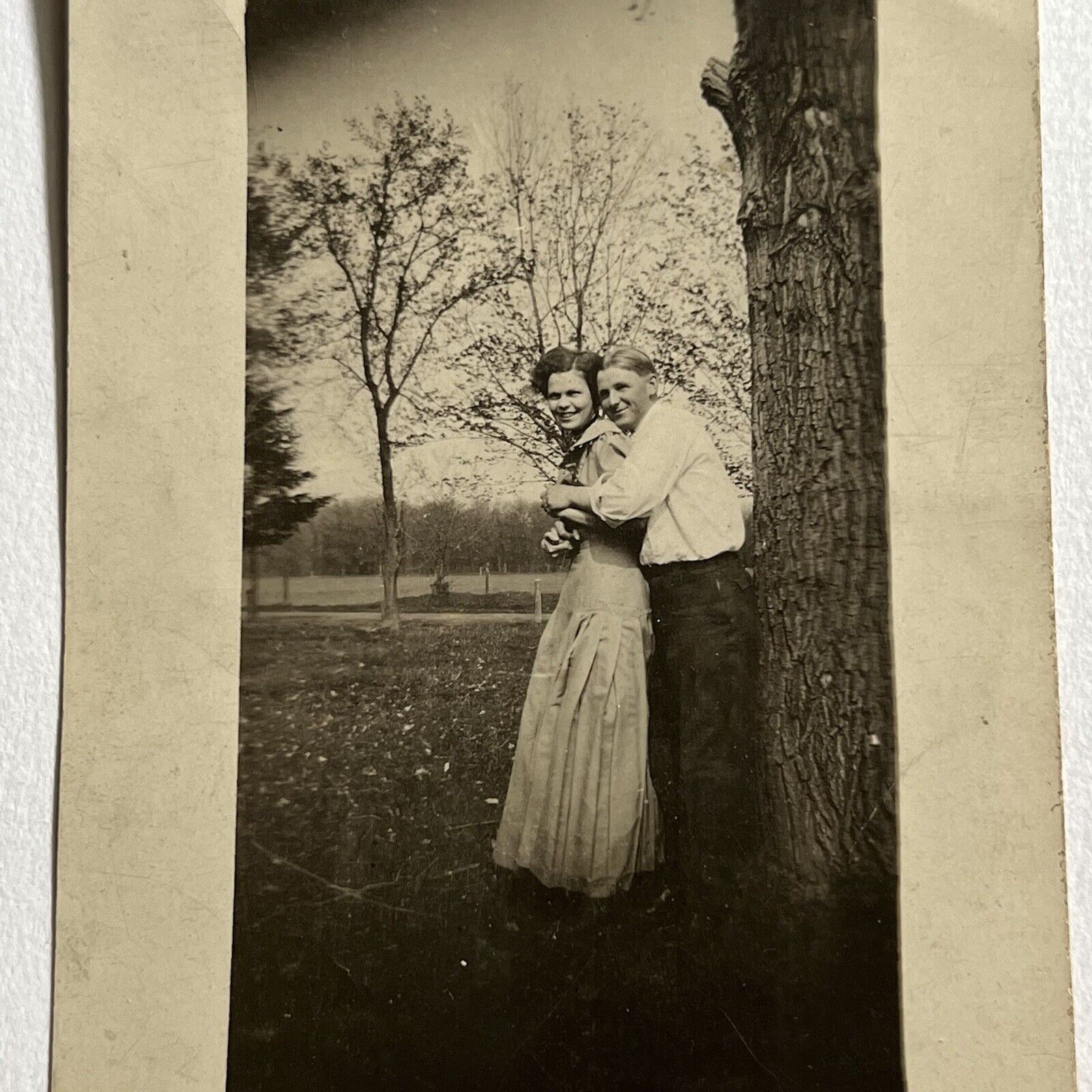 Vintage/Antique RPPC Real Photograph Postcard Happy Couple Man & Woman Tree