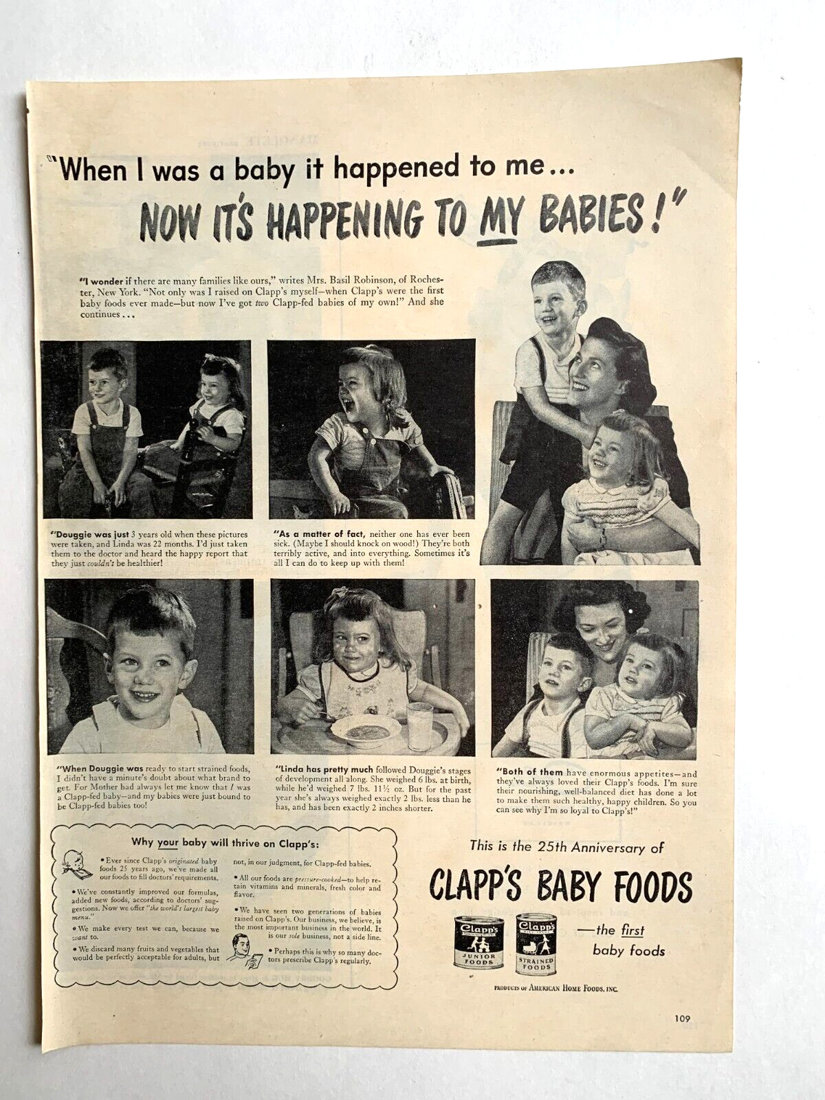 Print Ad Clapp's Baby Foods Vtg Life Mag 1946  Mrs Basil Robinson Rochester NY