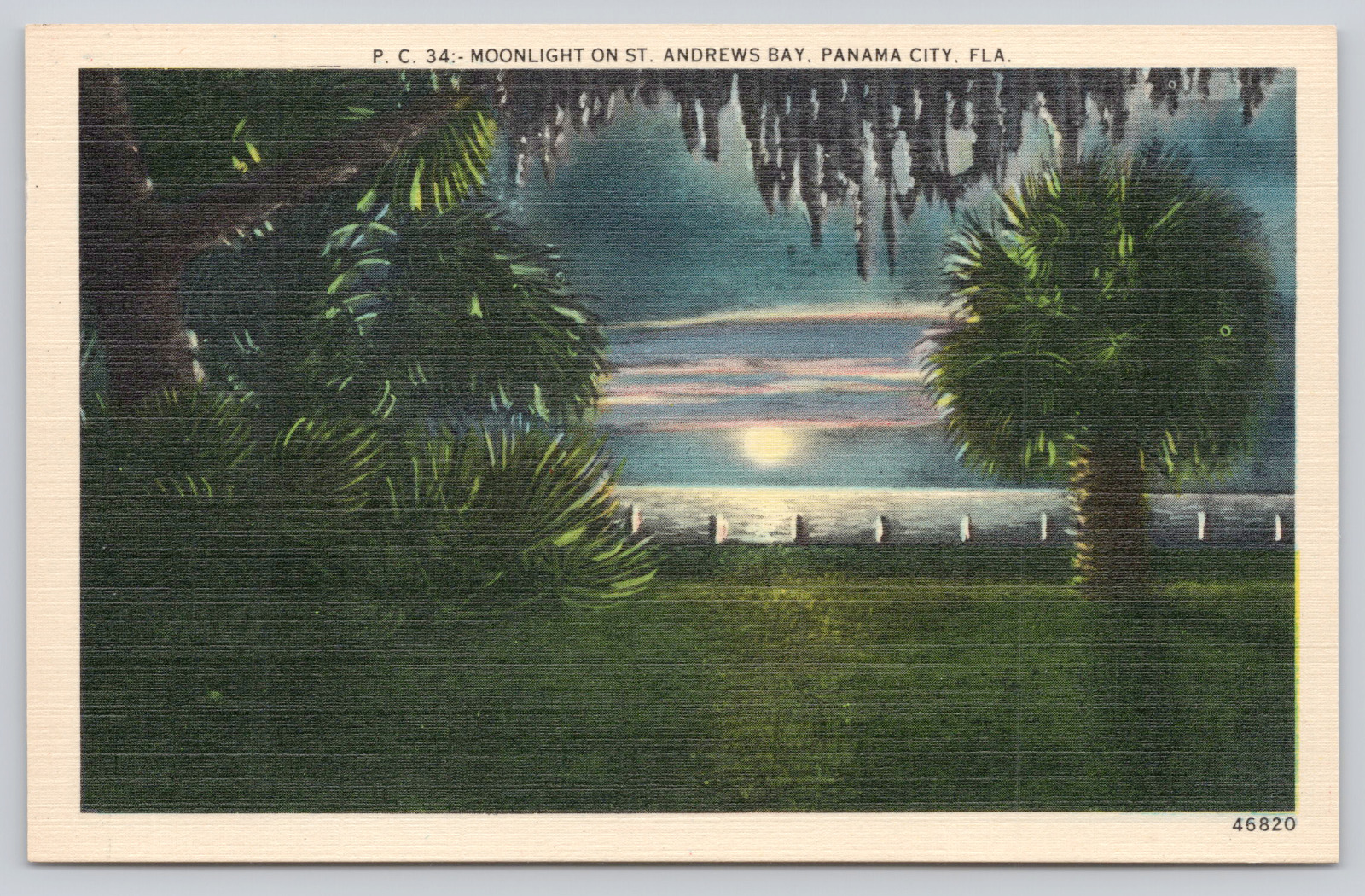 Moonlight St. Andrews Bay, Panama City FL c1930 Postcard Panhandle Estuary