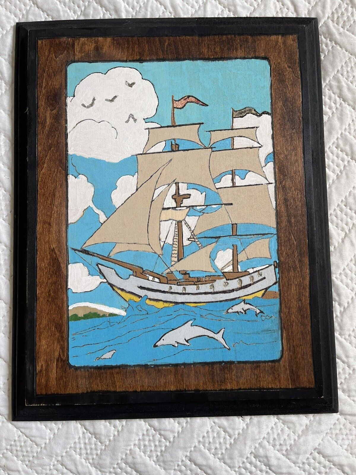 OOAK Wooden Ship Wall Art Dolphins Nautical Sail 
