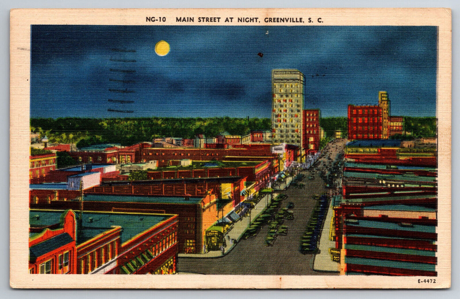 Vintage Postcard SC Greenville Main Street Night Scene Old Cars c1943 -2812