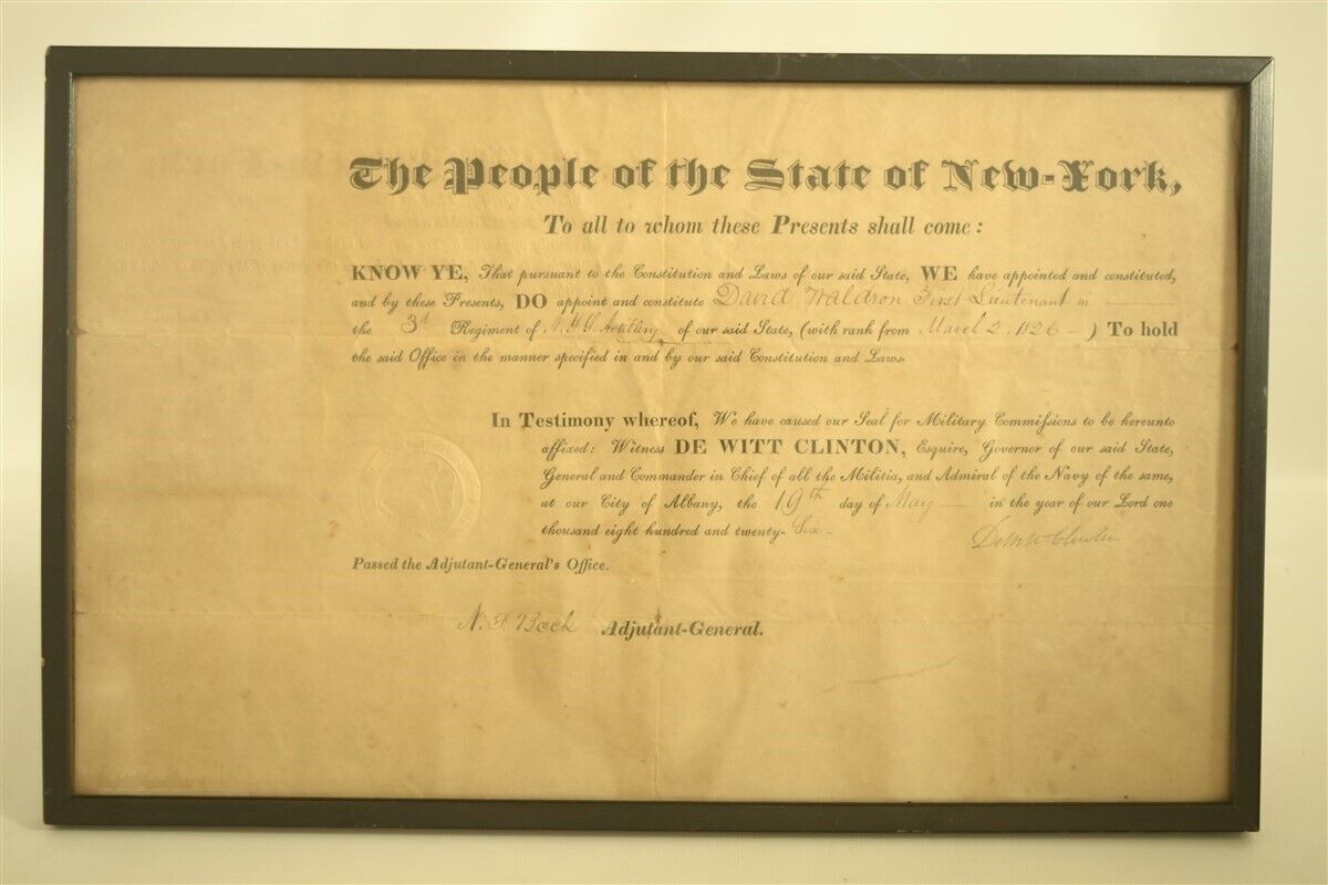 Antique DeWITT CLINTON Signed Military Appointment 1826 N.F. Beck New York
