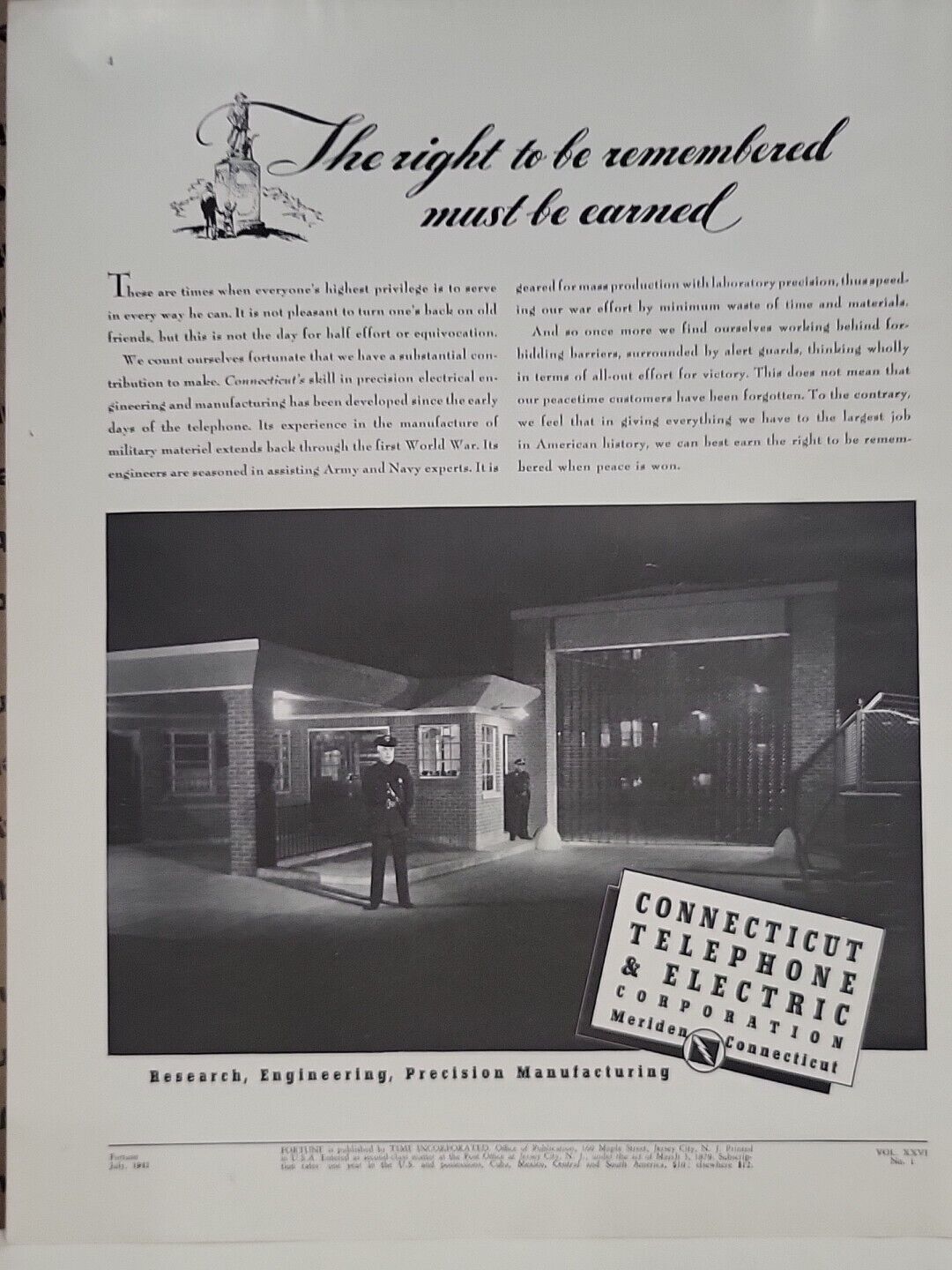 1942 Connecticut Telephone & Electric Fortune WW2 Print Ad Q3 Security Guard
