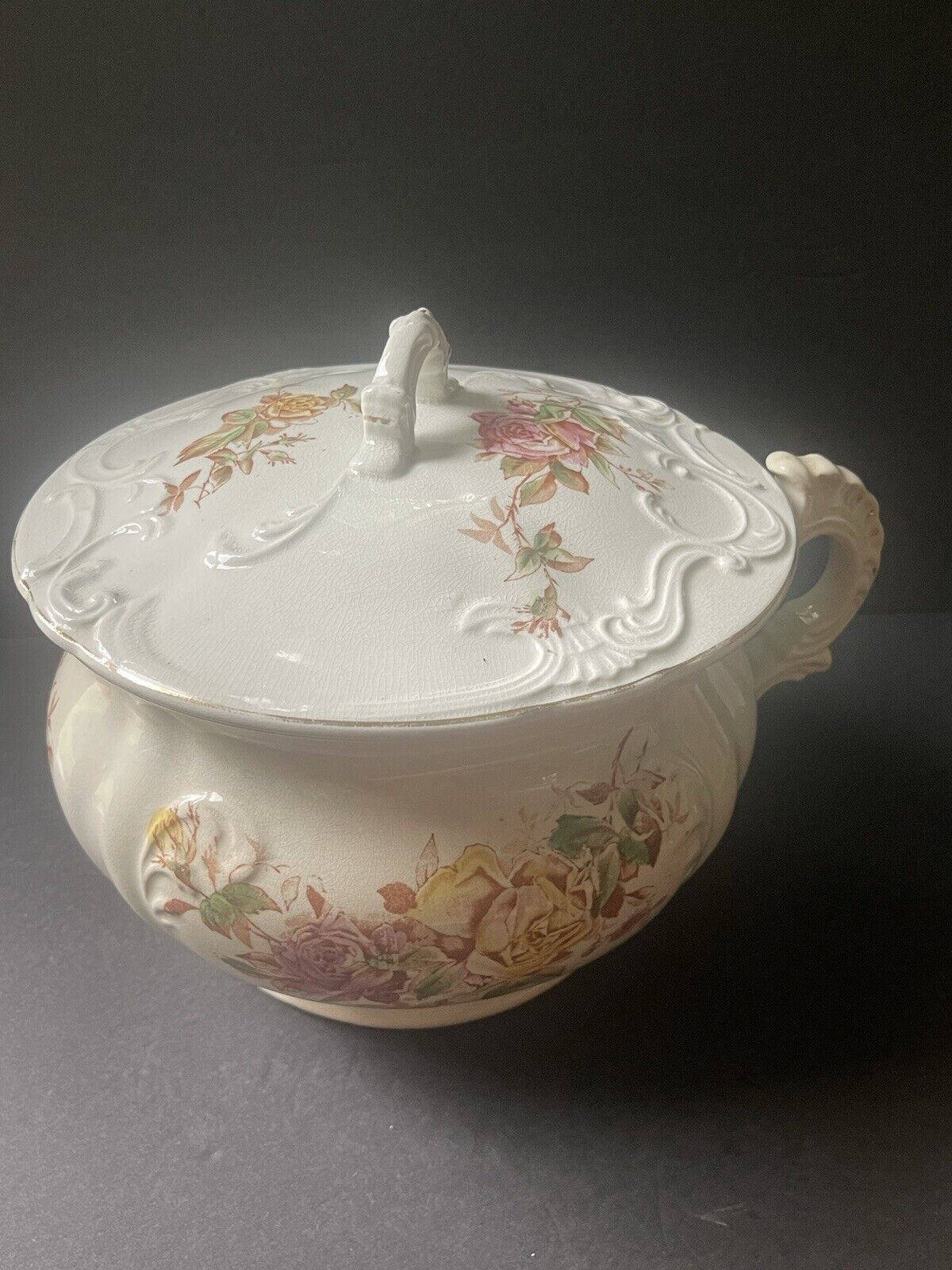 Empire Chamber Pot W/Lid June Rose Antique Porcelain Victorian Floral 1890’s