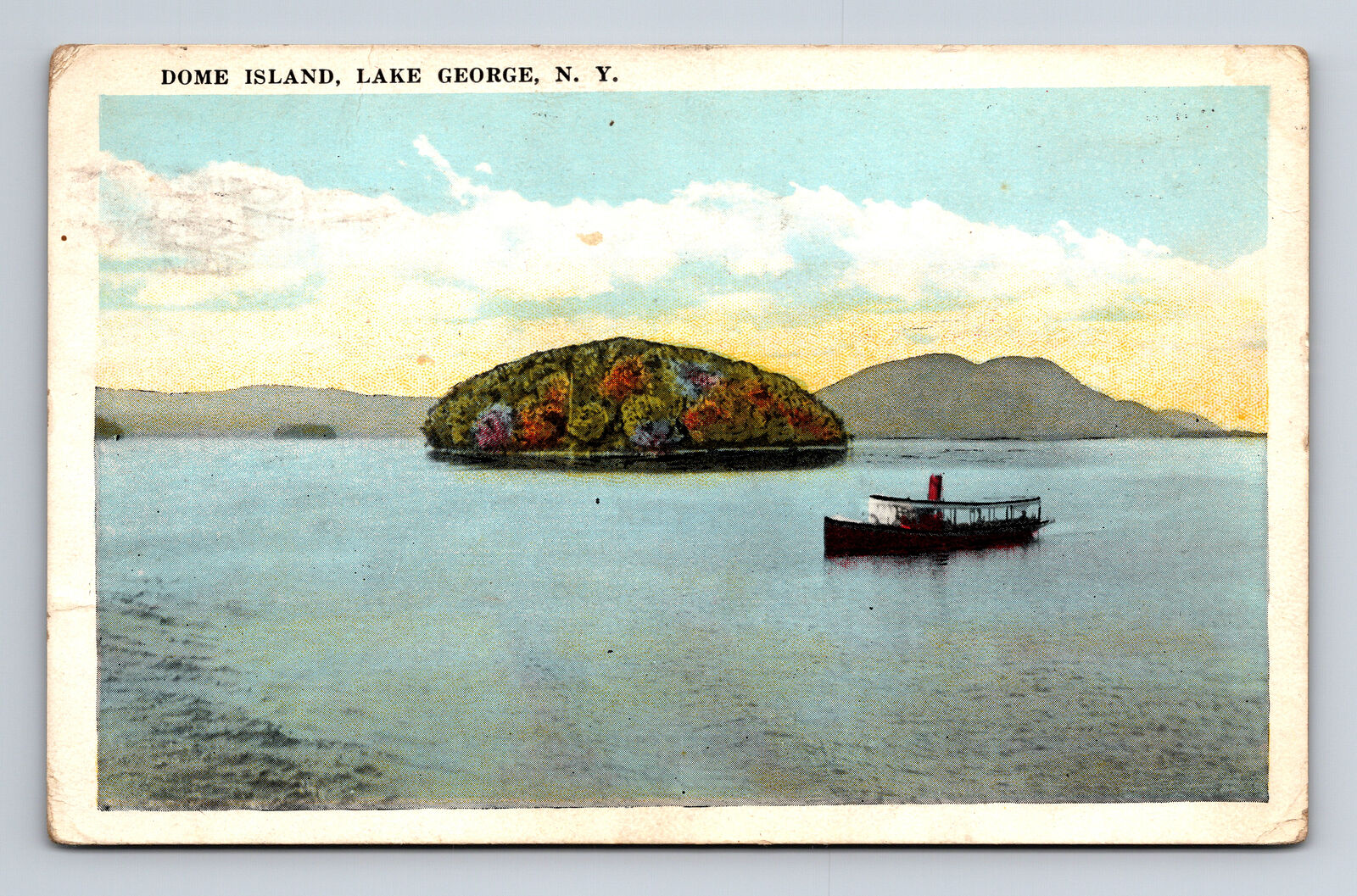 1924 Dome Island and Tourist Boat Lake George New York NY Postcard