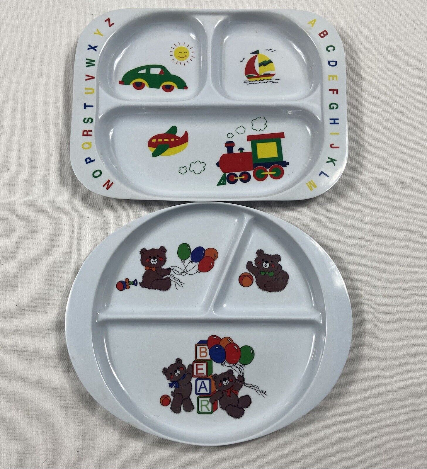Vintage Child Divided Plates Set Of 2 Bears Alphabet Cars 90s Melamine Plastic