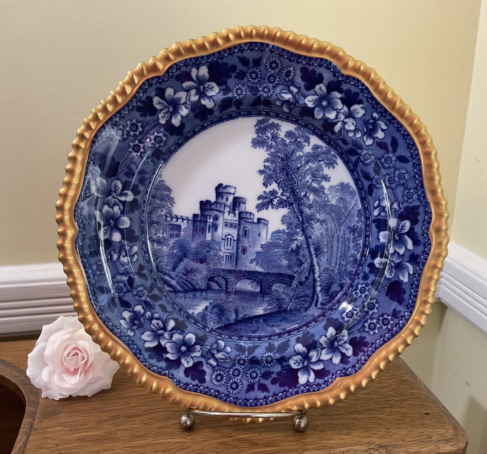 Rare Antique 1898 Plate by Copeland Spode Blue Warwick Castle Gold Trim PRISTINE