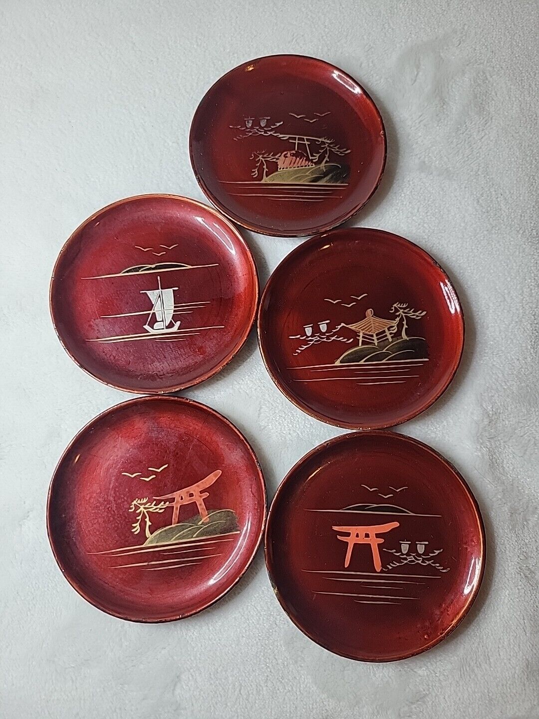 Set Of 5 Vintage Japanese Lacquer Wooden Small Coasters Hand Painted 