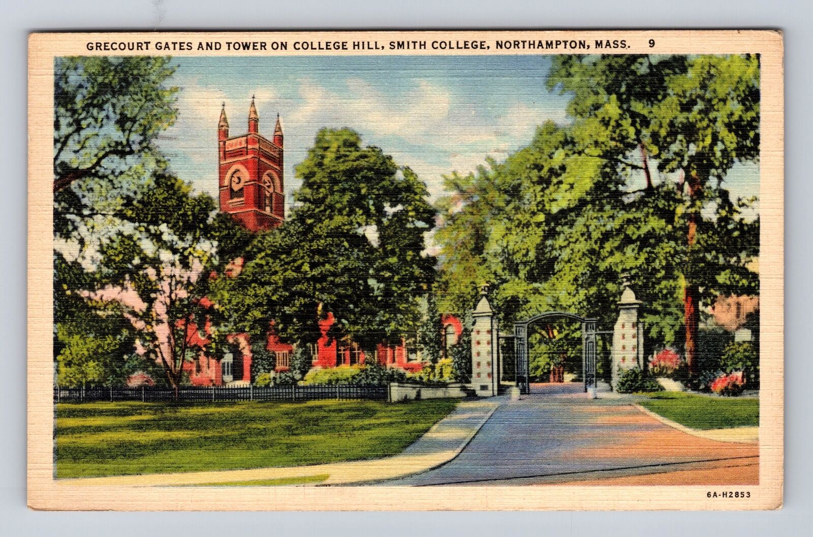 Northampton MA-Massachusetts, Grecourt Gates And Tower, Vintage c1944 Postcard