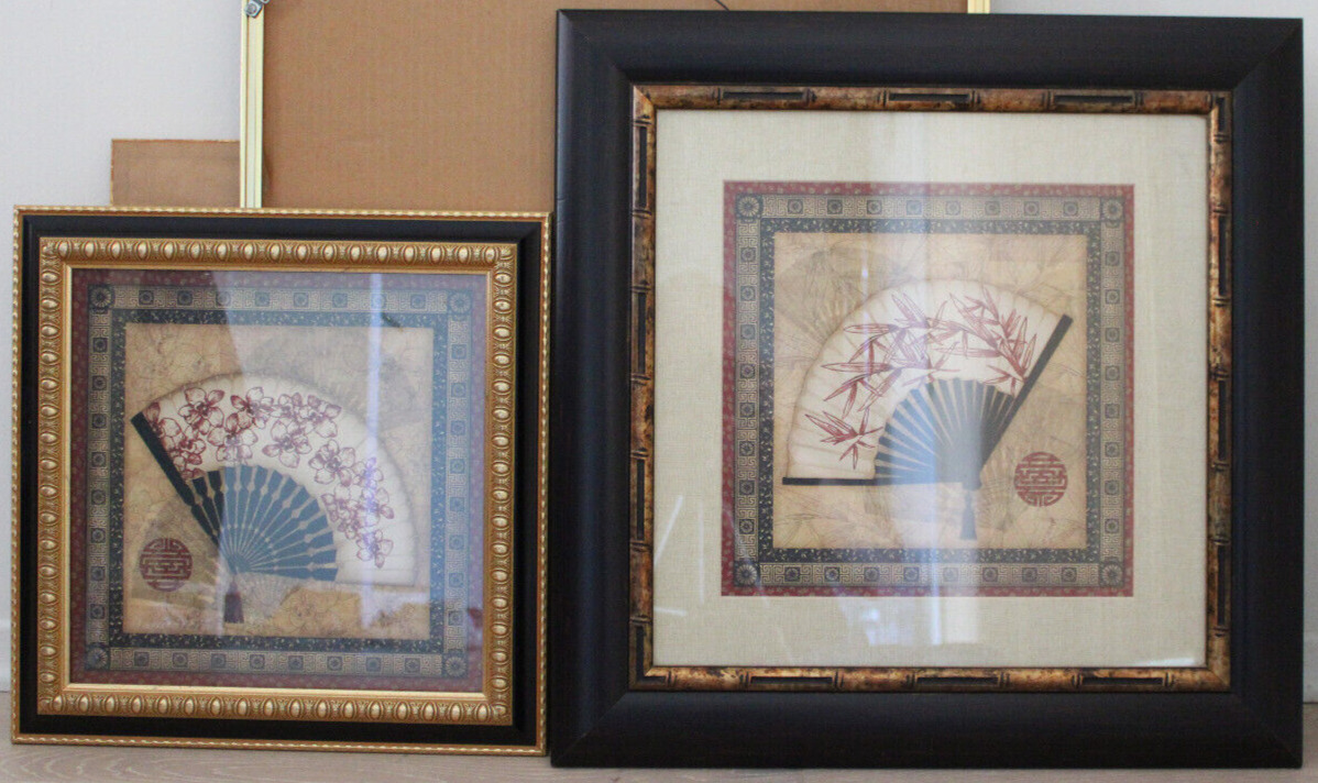 LOT OF TWO JAPANESE FANS IN GOLD AND WOOD FRAME ASIAN DESIGN
