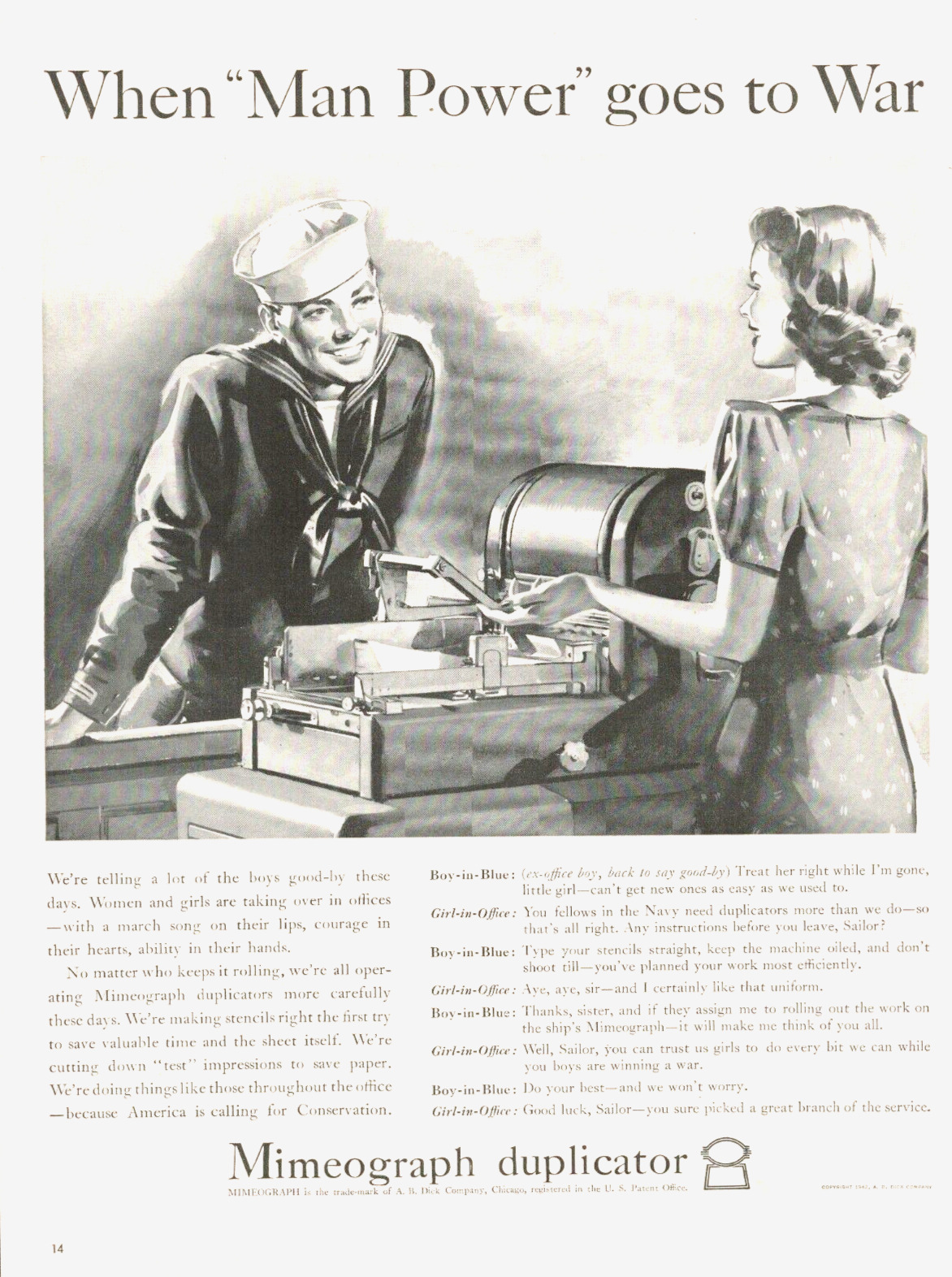 1942 WWII NAVY Sailor woman working MIMEOGRAPH vintage print ad War L3