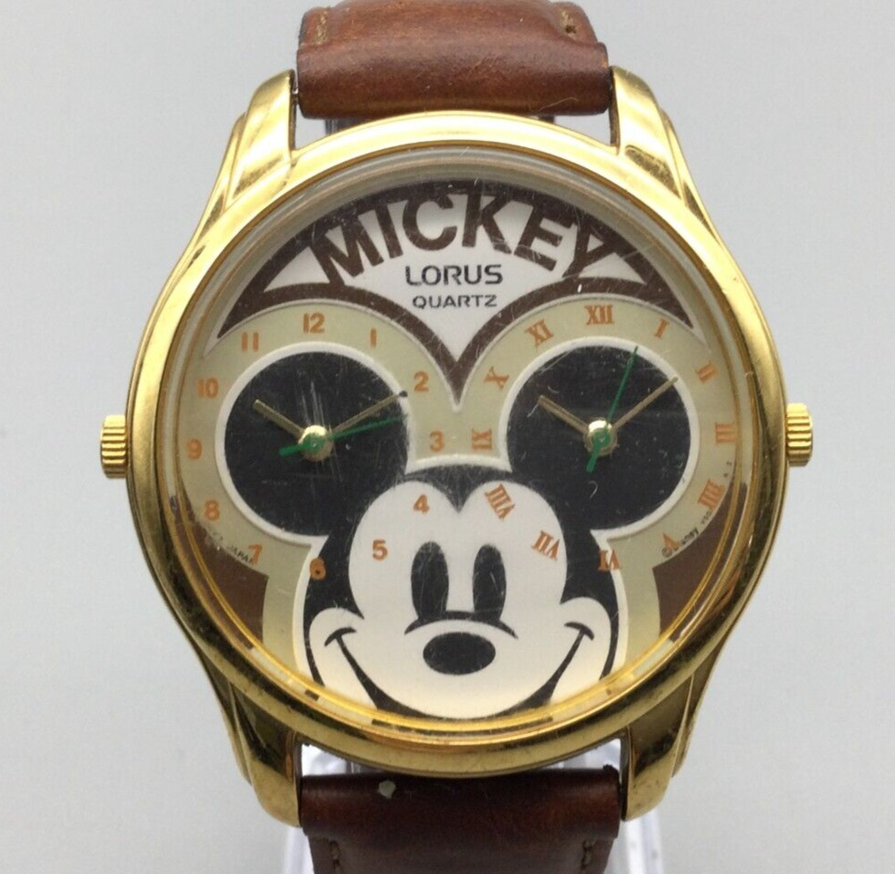 Vintage Lorus Mickey Mouse Dual Time Watch 40mm Gold Tone V501-0190 New Battery