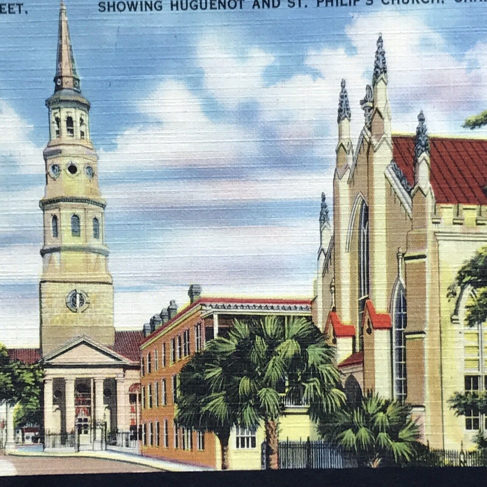 Hugenot St. Philips Church Vintage Postcard Linen Charleston South Carolina