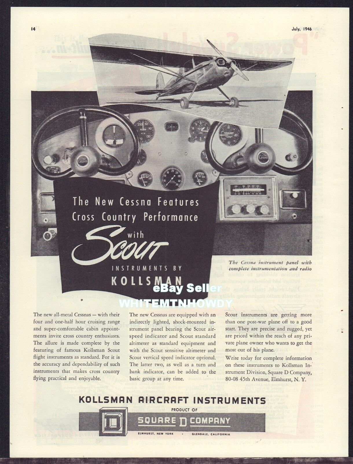 1946 CESSNA Instrument Panel Photo Vintage Kollsman Aircraft Instruments AD