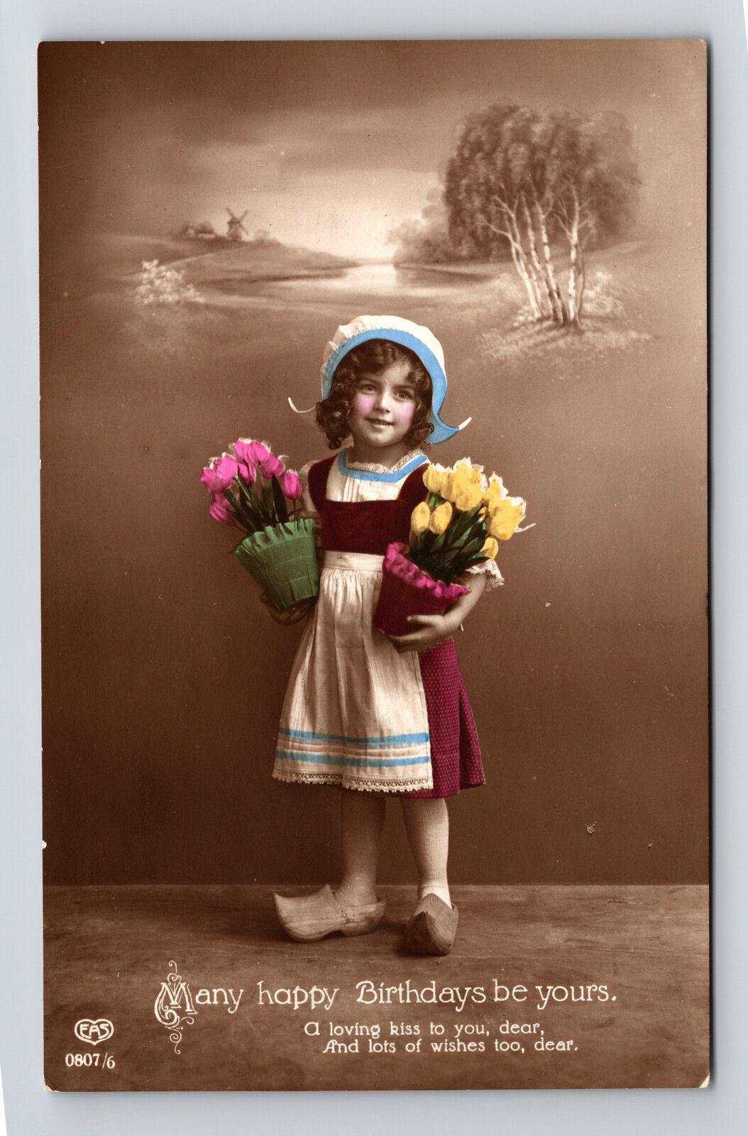 RPPC EAS Hand Colored Portrait of Dutch Flower Girl in Clogs Birthday Postcard