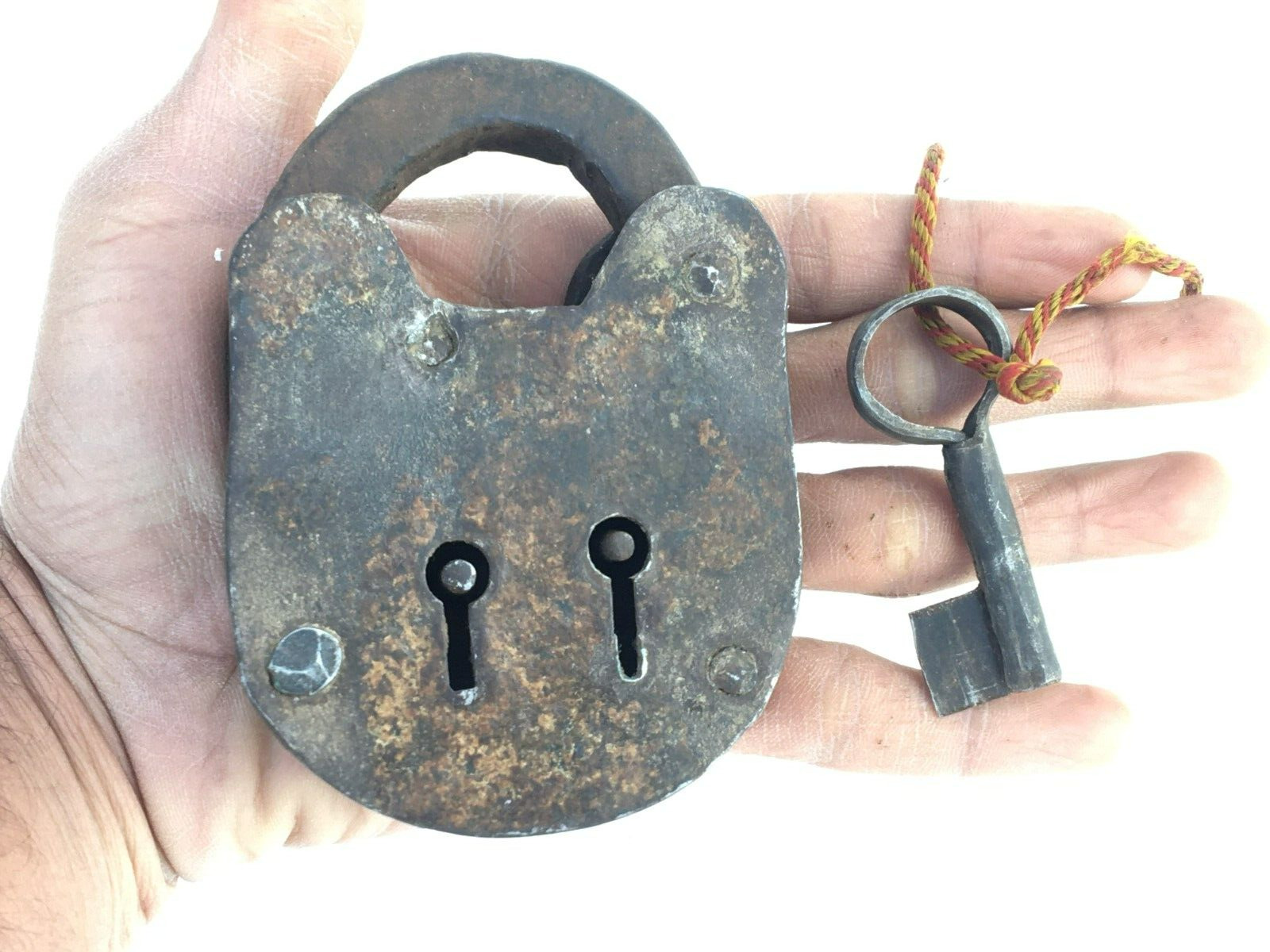 OLD VINTAGE RUSTIC IRON BIG RARE PADLCOK WITH TWO DIFFERENT OPEN CLOSE KEY HOLES