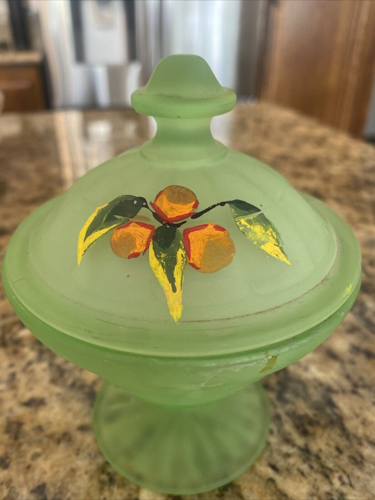 Small Footed Uranium Vaseline Glass Covered Dish With Floral Lid