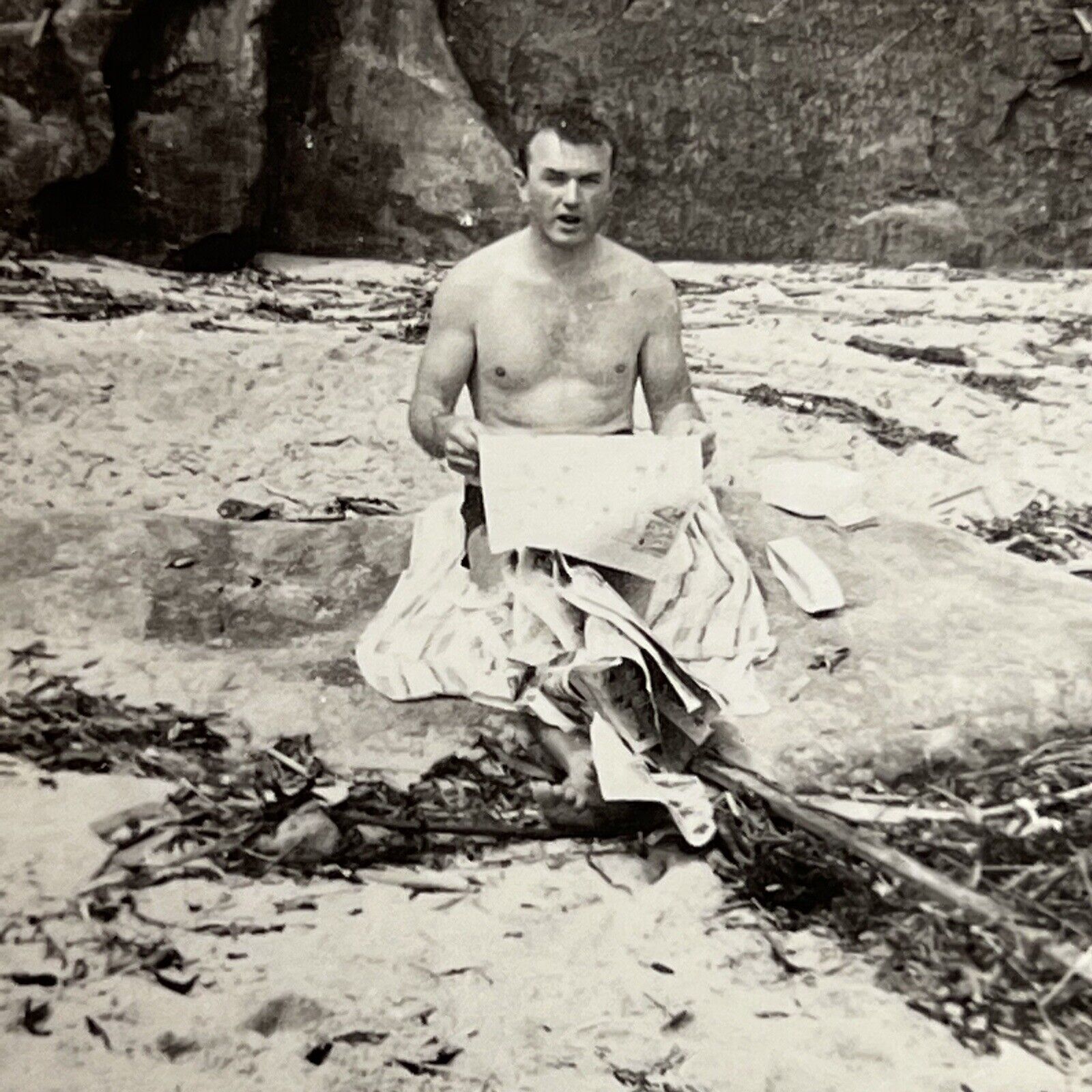 Vintage B&W Snapshot Photograph Handsome Man Bathing Suit Beach Reading Gay Int