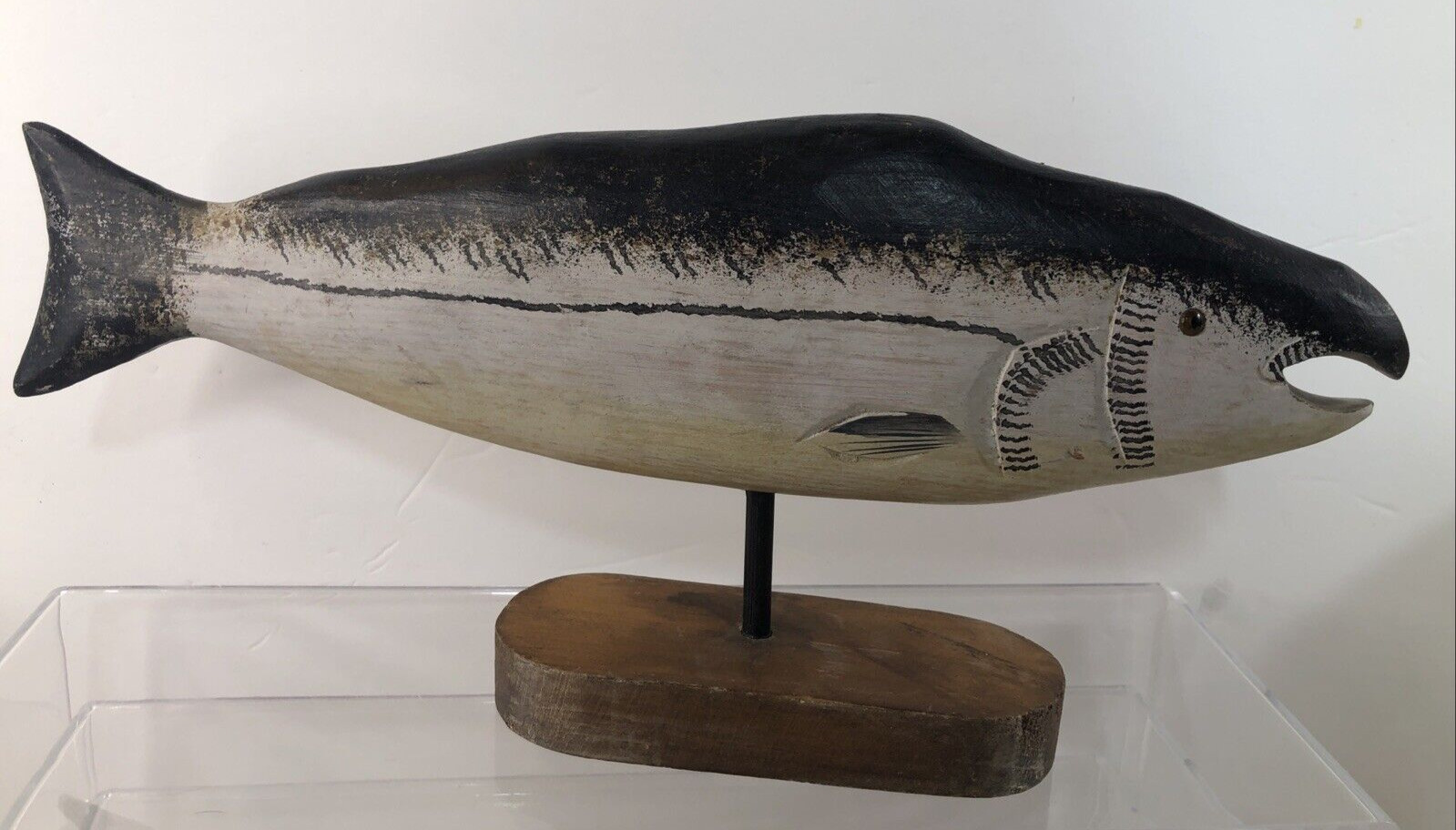 Vintage Hand Carved Wooden Folk Art Fish Trout On Display Stand 11.5