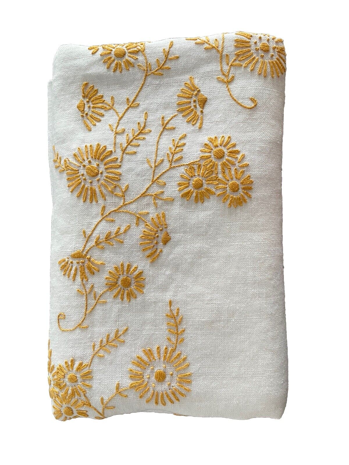 Vintage hand Embroidered White Linen Tablecloth Gold Floral Oval 82x56 *READ*