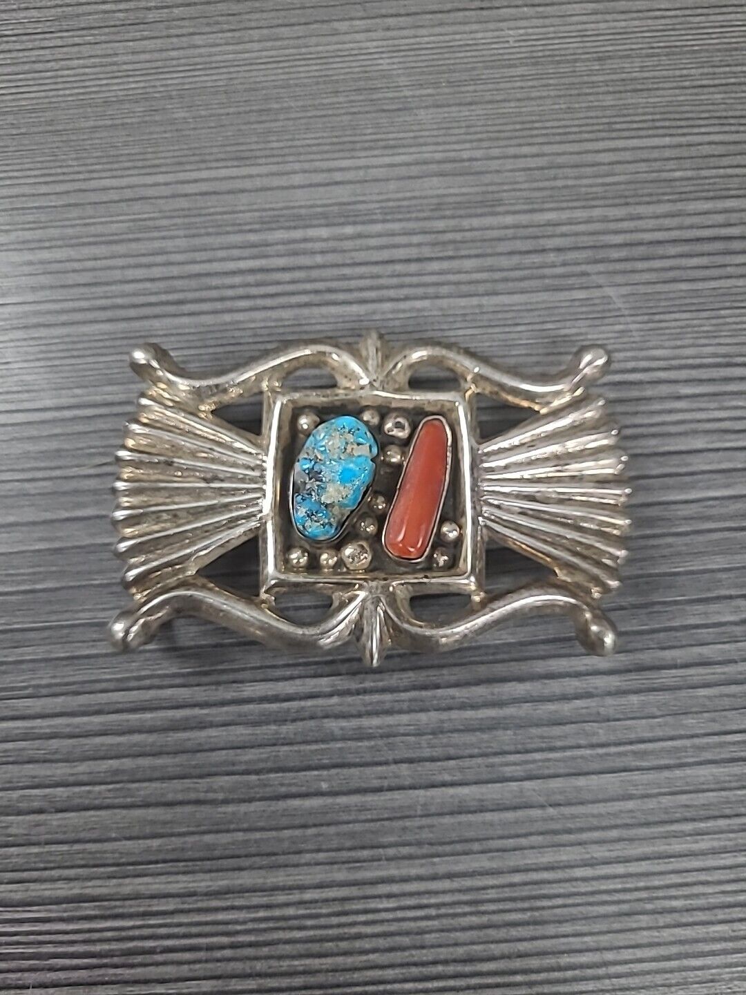 Sterling Silver & Turquoise Native American Sand Cast Old Pawn Buckle 3\