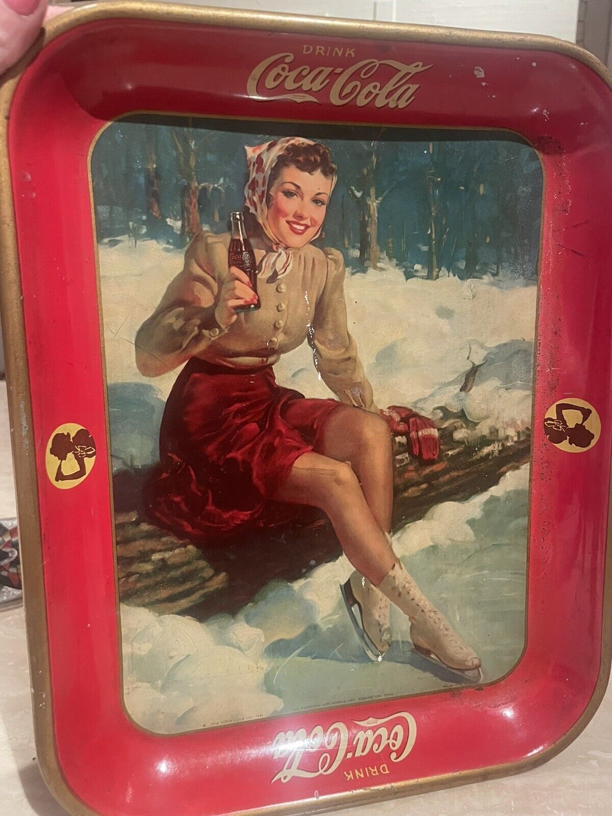 Vintage Antique 1941 COCA COLA  METAL TRAY, YOUNG WOMAN WITH ICE SKATES Winter