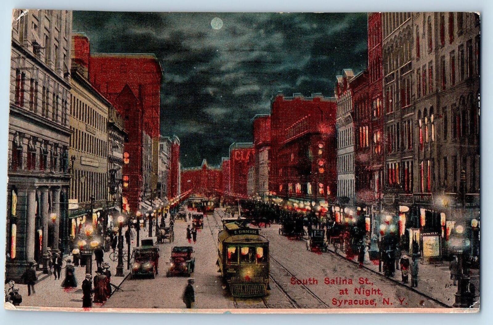 1914 South Salina Street At Night Crowd Trolley Cars Syracuse New York Postcard