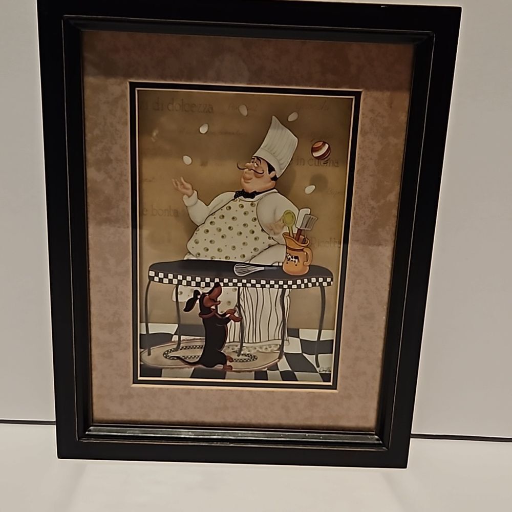 Italian Chef Cooking W/Puppy Vintage Kitchen Decor Framed Art 9.5 x 7.5 x 1.25