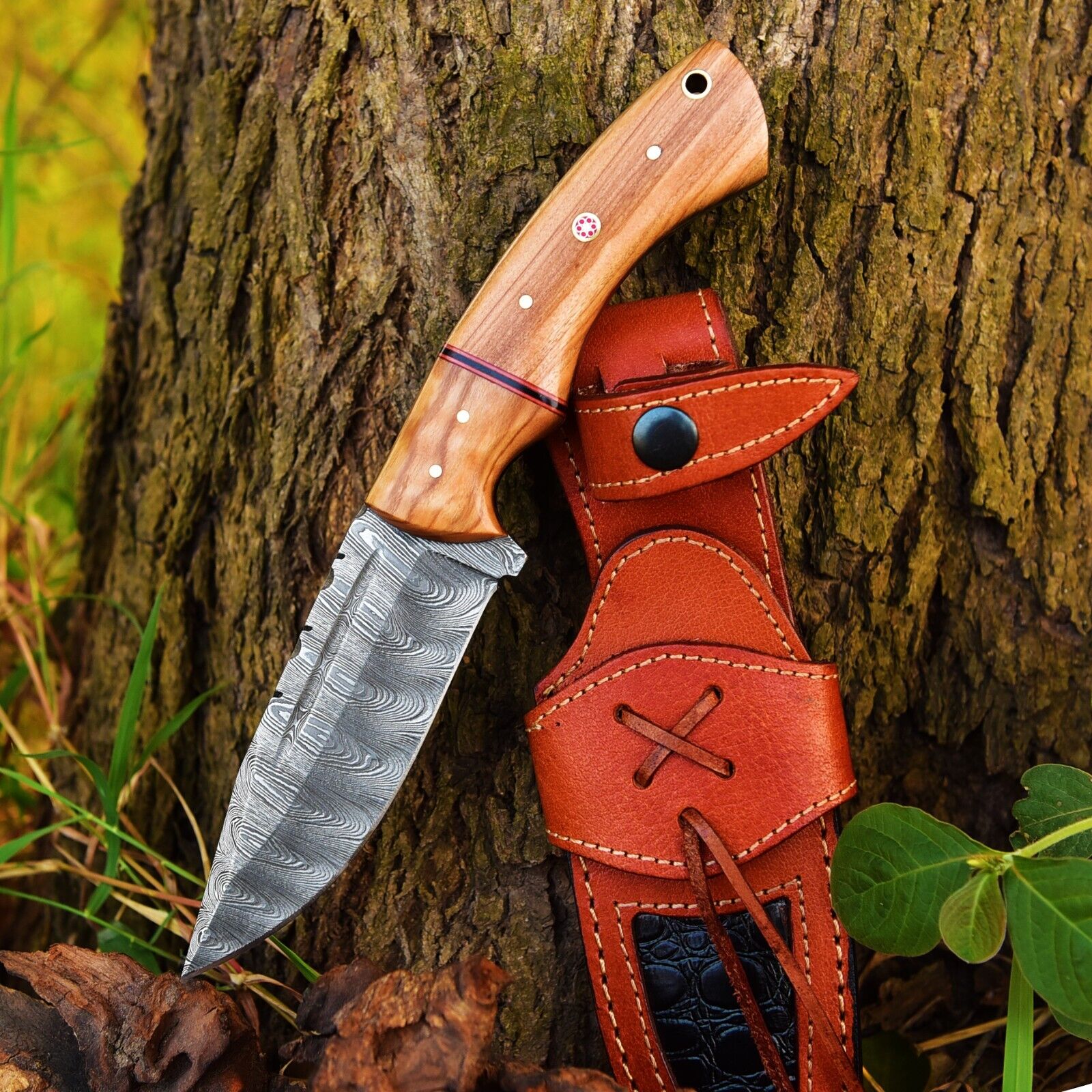 Custom Handmade Damascus Steel Hunting Fixed Blade Knife With Leather Sheath