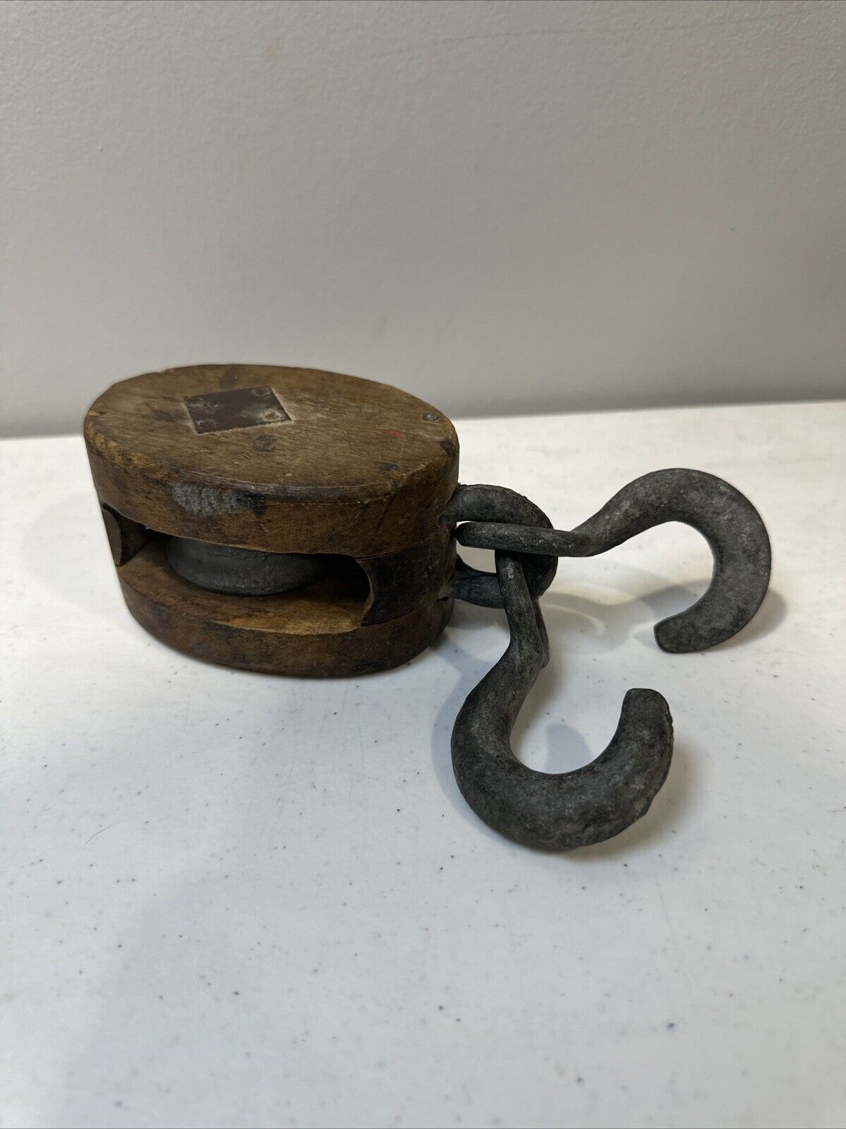 Vintage Wooden Pulley With Two Hooks