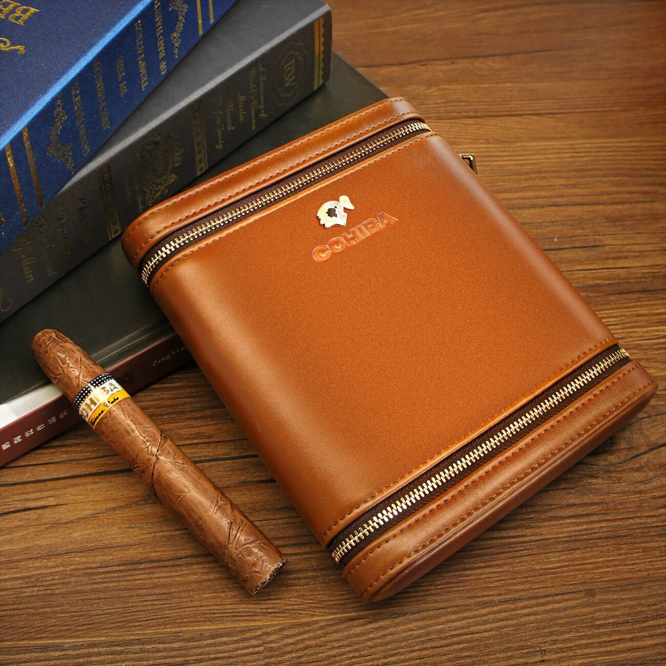 Brown Leather Cedar Wood Cigar Humidor Case Holder with Humidifier for 6 cigars