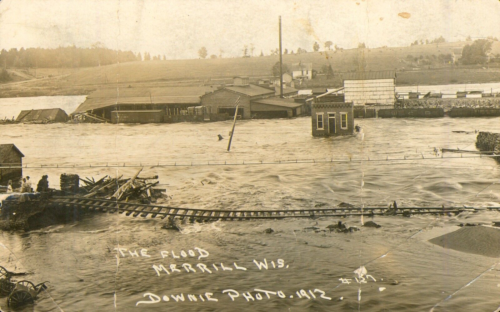 1912 Antique Postcard THE FLOOD, MERRILL, WISCONSIN Real PHOTO RPPC Railway Trac