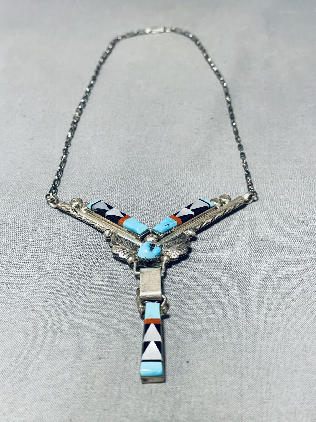 DROPDEAD GORGEOUS BIB VINTAGE ZUNI TURQUOISE INLAY STERLING SILVER NECKLACE