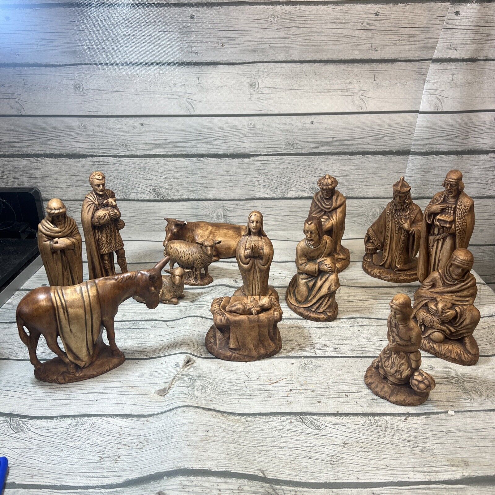 Vintage Holland Mold Nativity Set Scene - 15 Lg Pieces, Ceramic w Brown Glaze