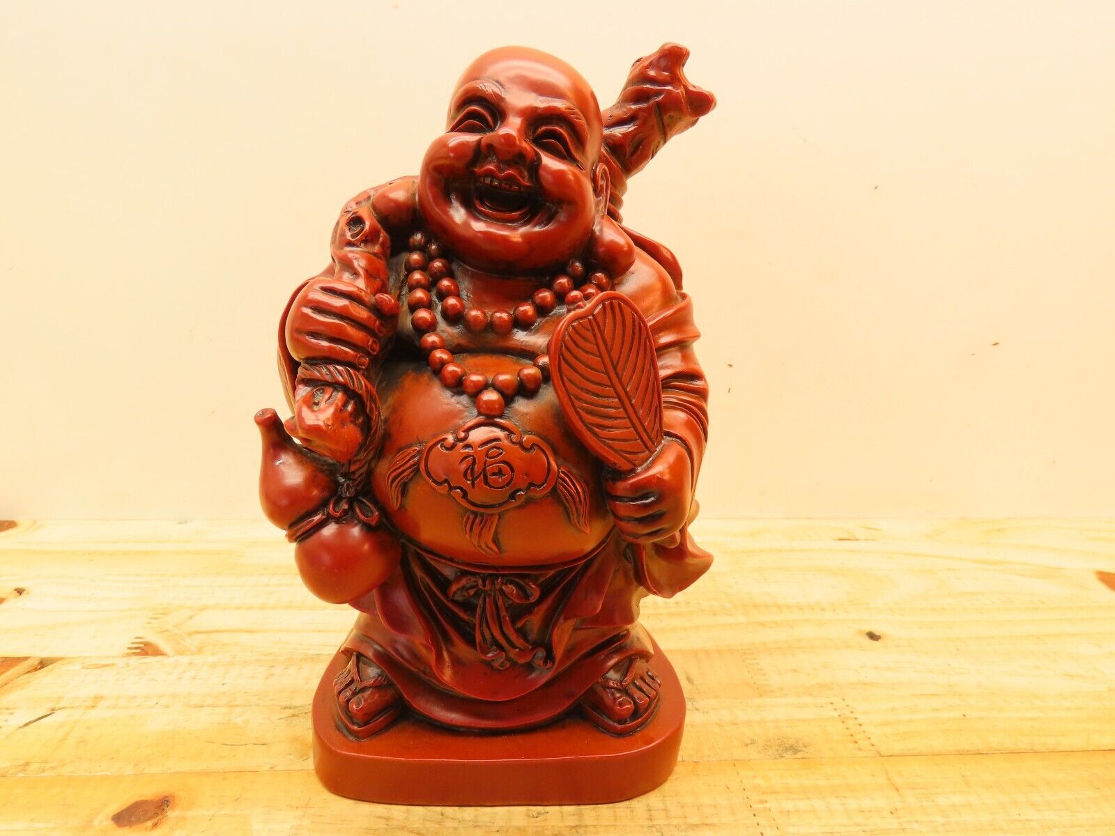 Chinese Asian Budda Happy Lucky Laughing Figurine Statue Red Resin 9 inch