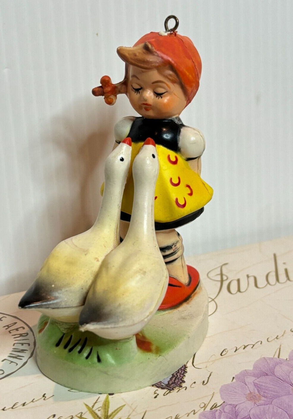 Vintage Mid Century Peasant Girl Child Geese Ducks Christmas Ornament Plastic
