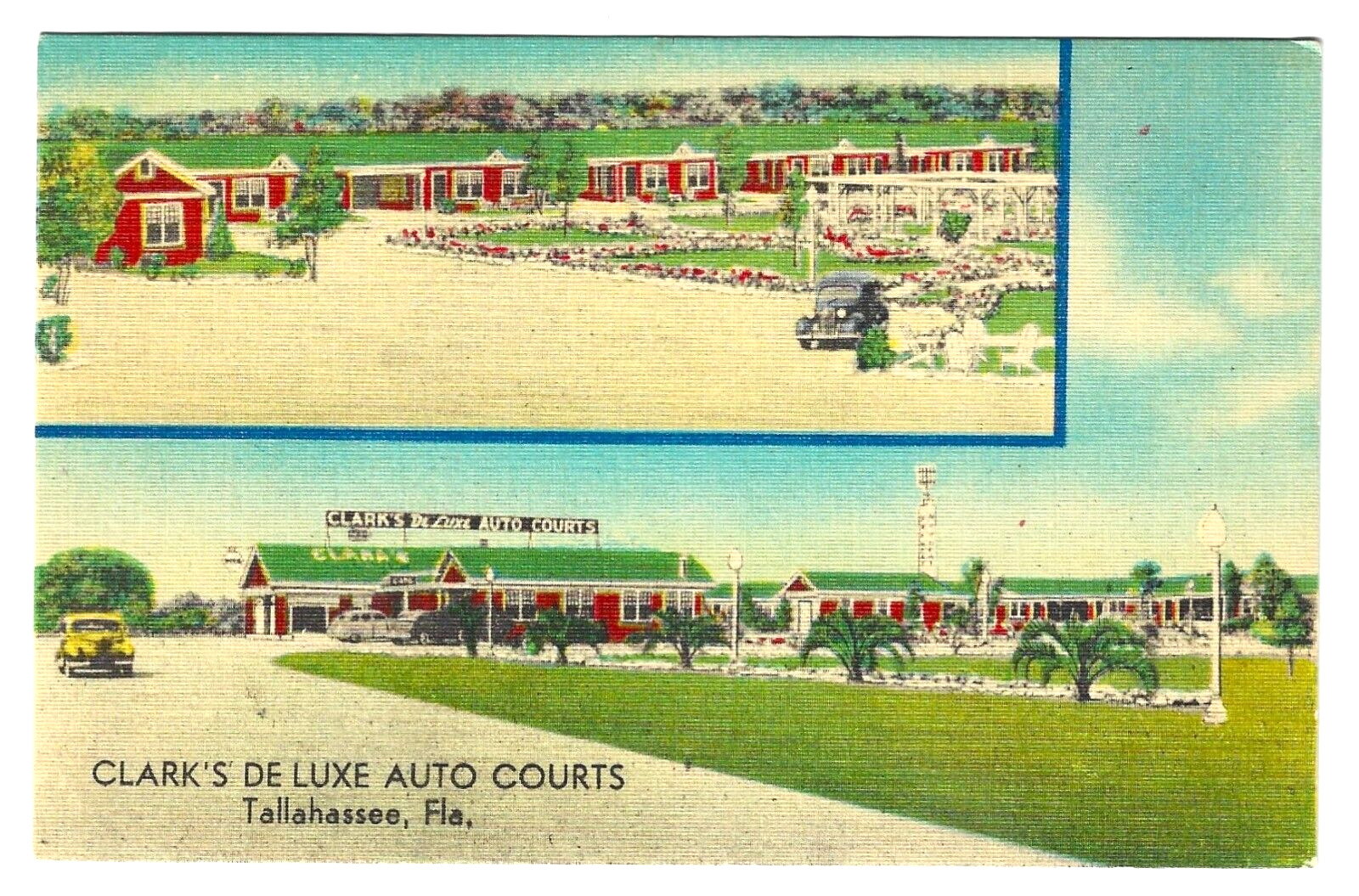 CLARK’S DE LUXE AUTO COURTS, TALLAHASSEE, FLA. – 1930s Multiview Linen Postcard