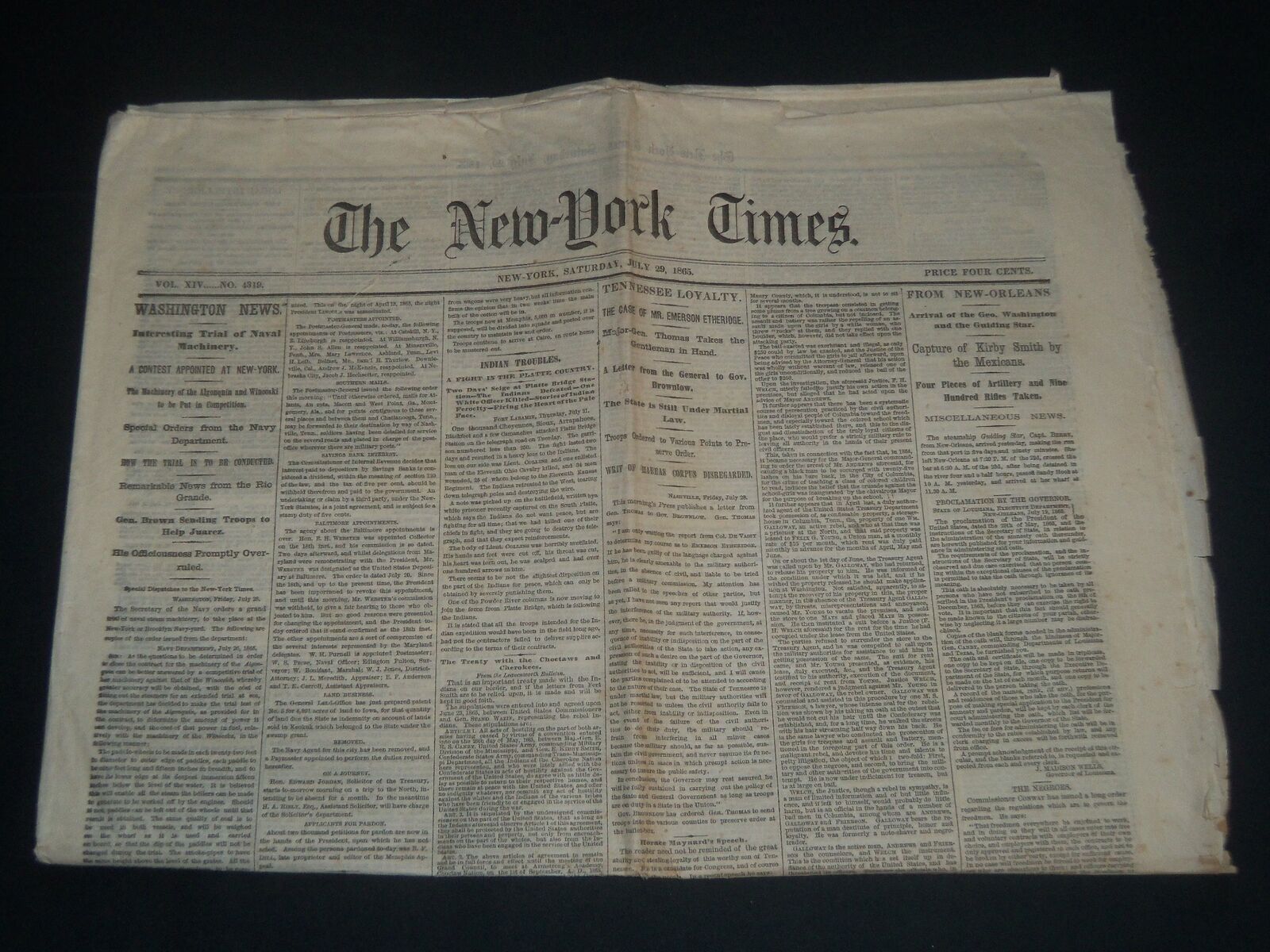 1865 JULY 29 NEW YORK TIMES NEWSPAPER - TENNESSEE UNDER MARTIAL LAW - NP 3992