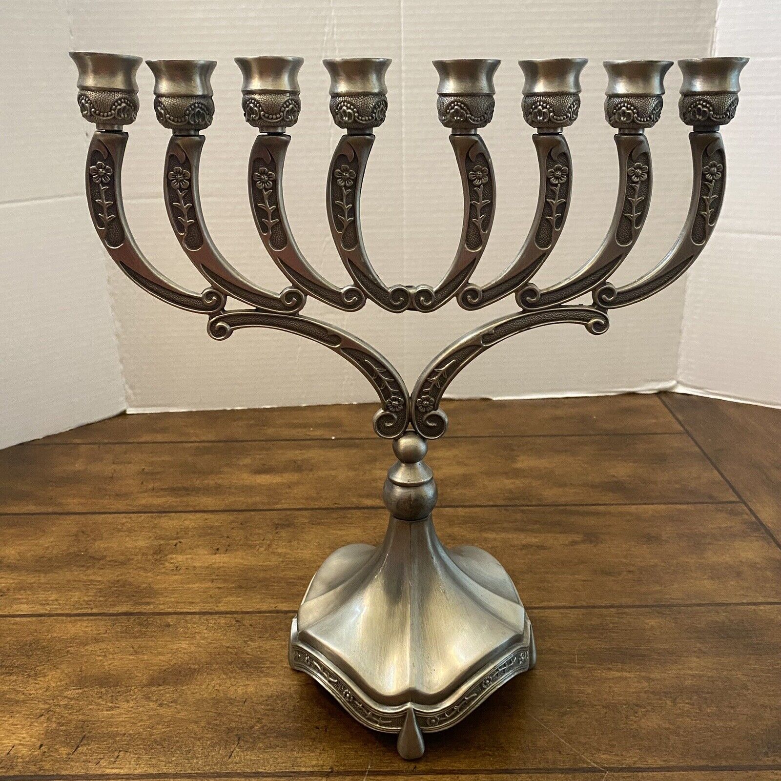 Judaica Vintage Hanukkah Menorah Jewish Silver Plated Heavy Candle Holder 13”
