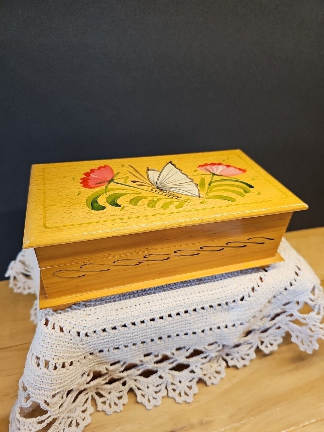 Vintage Hand Painted Wooden Box, Butterfly, Flowers