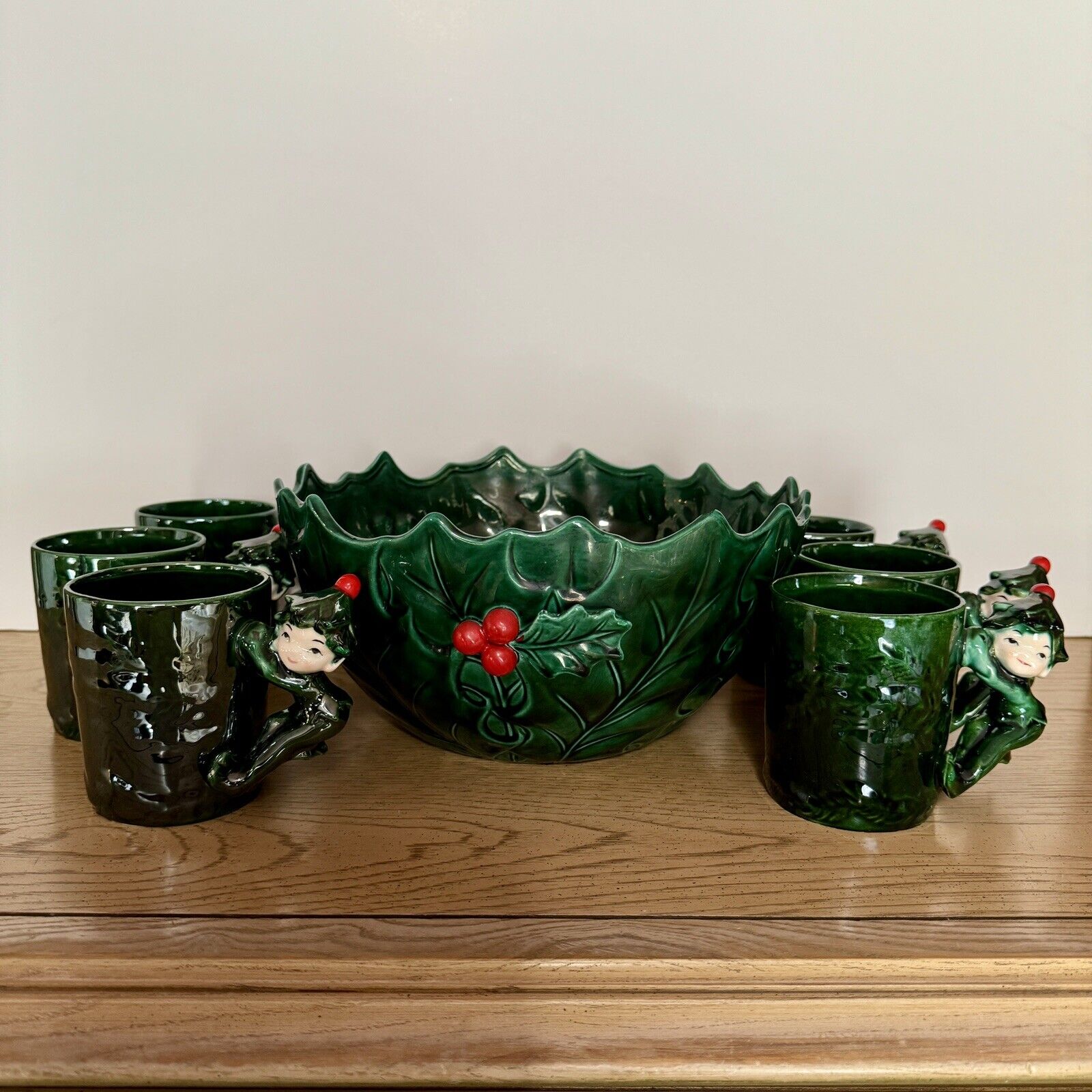 Vintage Lefton Holly Berries Christmas Punch Bowl and 6 Pixie Elf Mug Set SCARCE