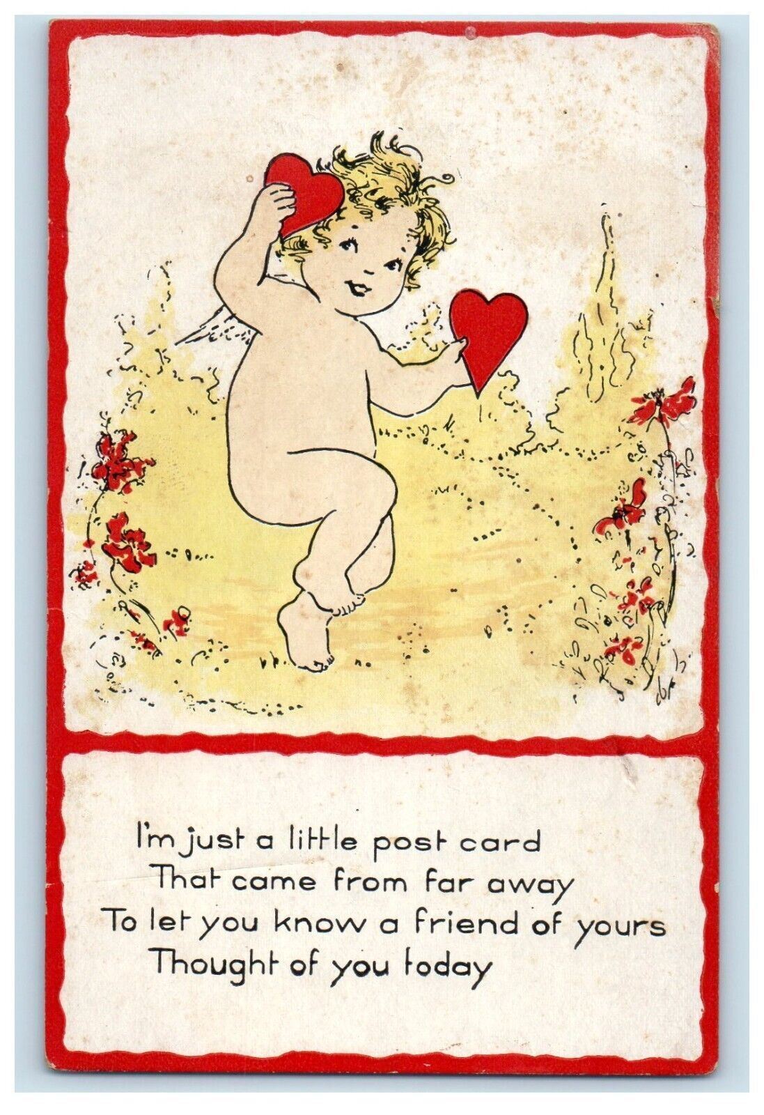 c1910\'s Cupid Angel Bare Butt With Two Hearts Flowers Unposted Antique Postcard