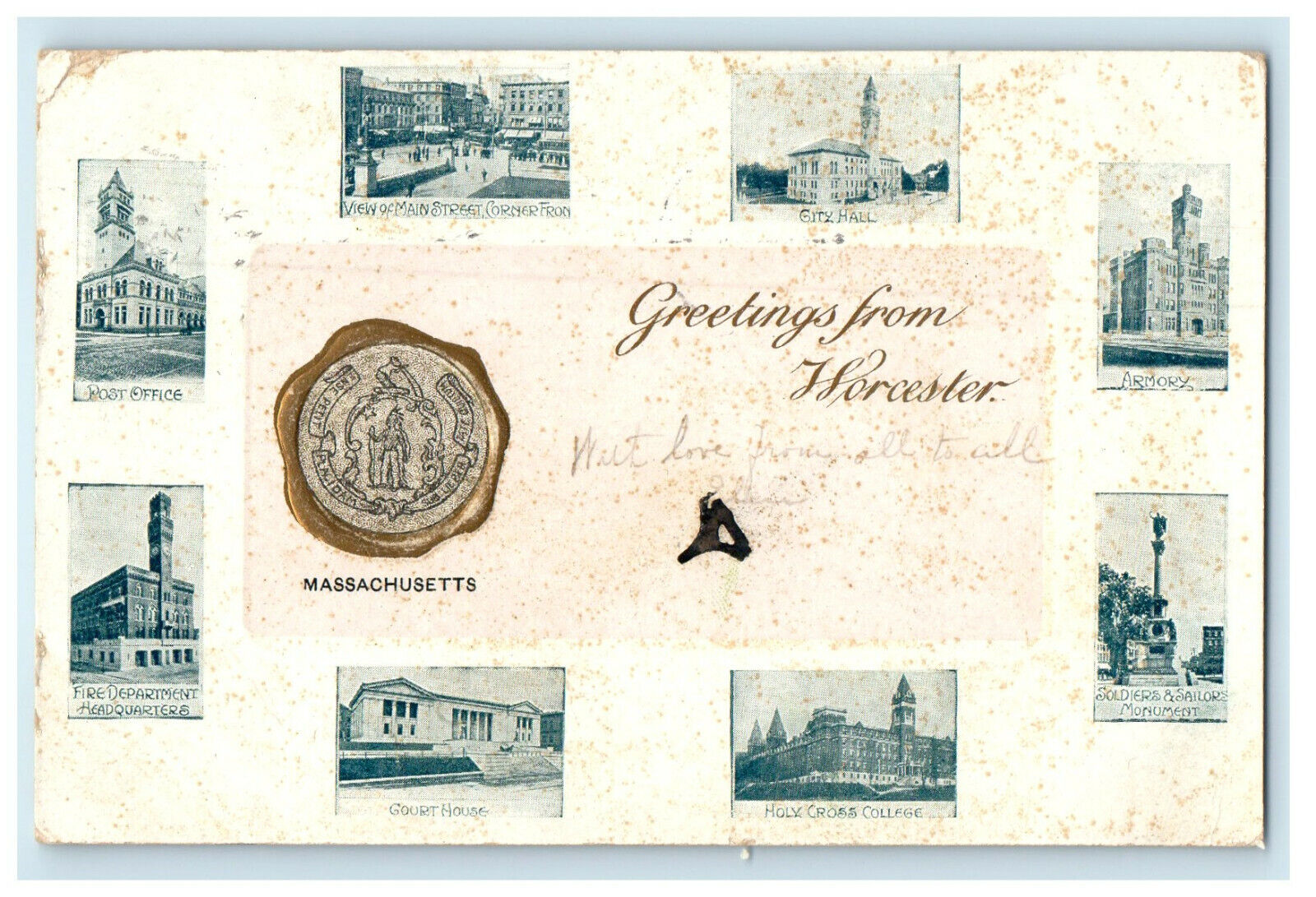 1908 Multiview, Greetings from Worcester Massachusetts MA Seal of MA Postcard