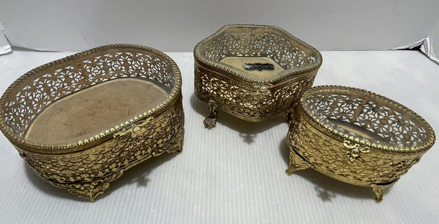 3pc Vintage Stylebuilt 24kt  Gold Brass Footed Jewelry  Box Beveled Glass