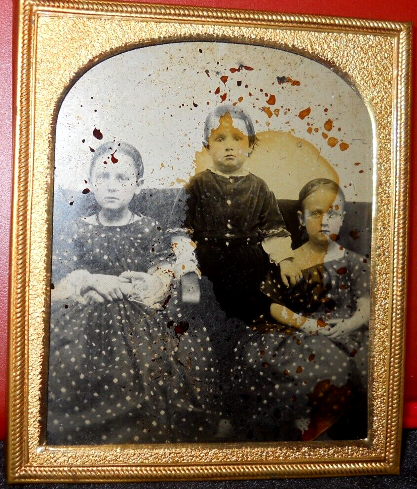 1/6th size Ruby Ambrotype of siblings in brass mat/frame